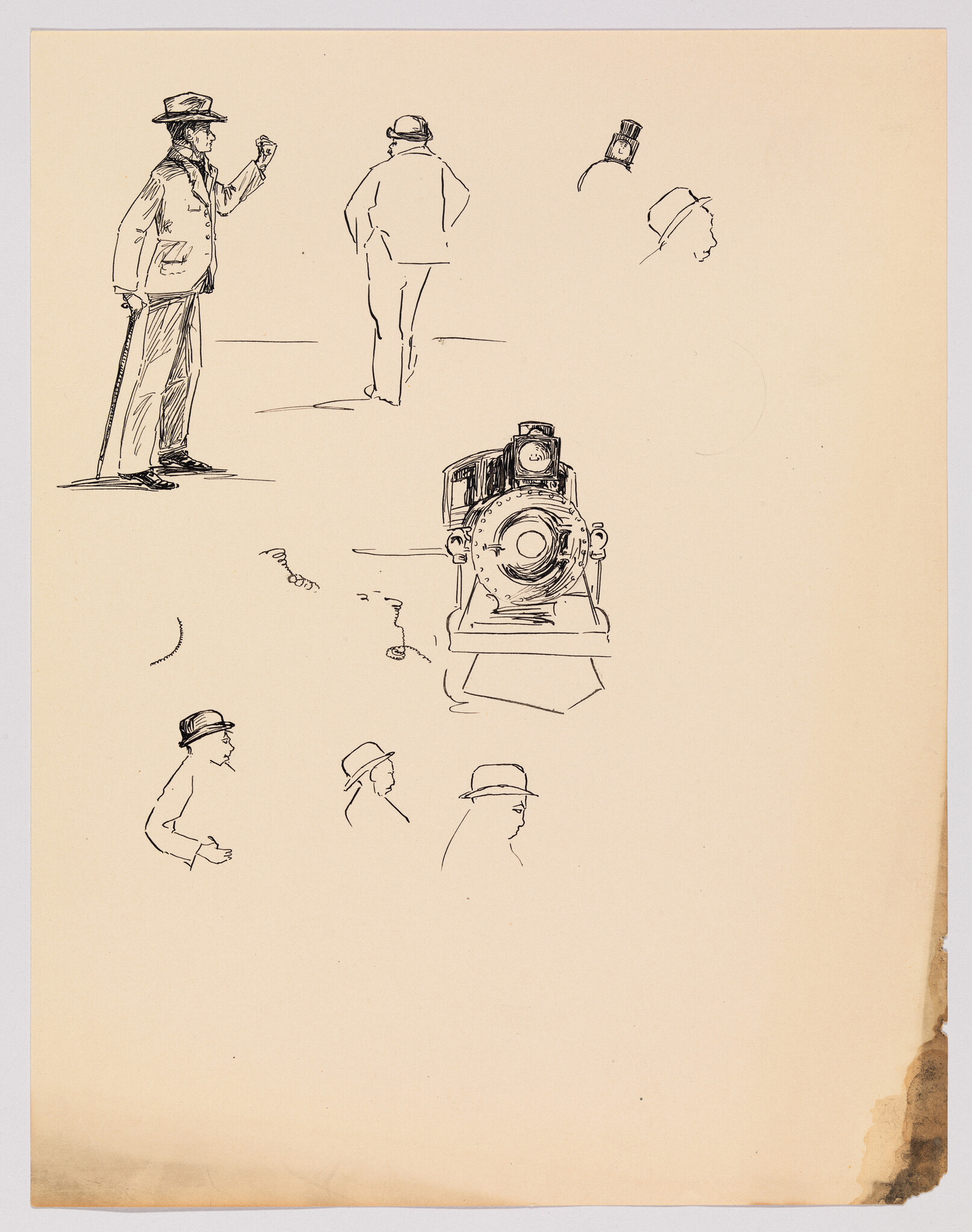 Several quick ink sketches show men in hats and the front of a steam locomotive.
