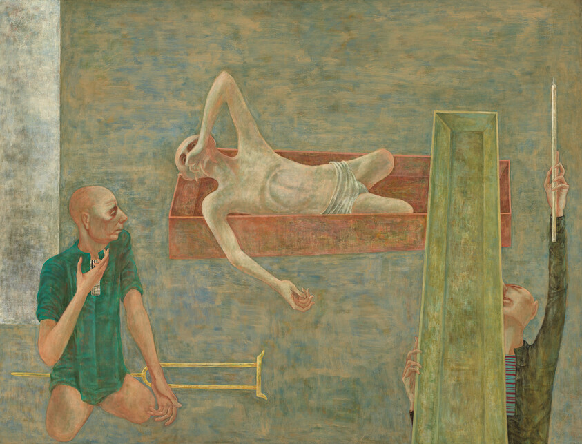 An emaciated figure lies in a shallow coffin while two men look and adjust surroundings.