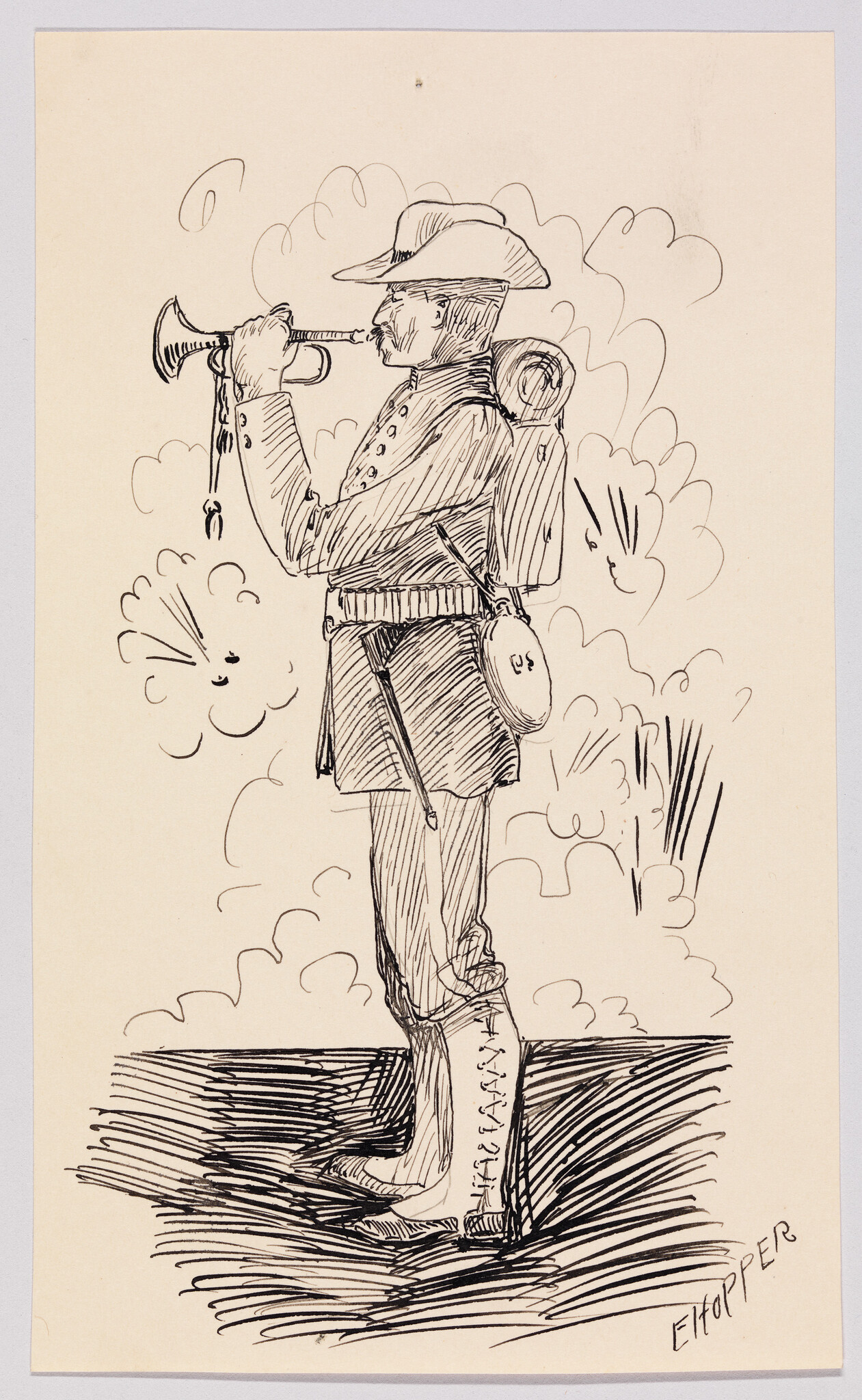 A uniformed soldier stands and blows a bugle while wearing a backpack and boots.