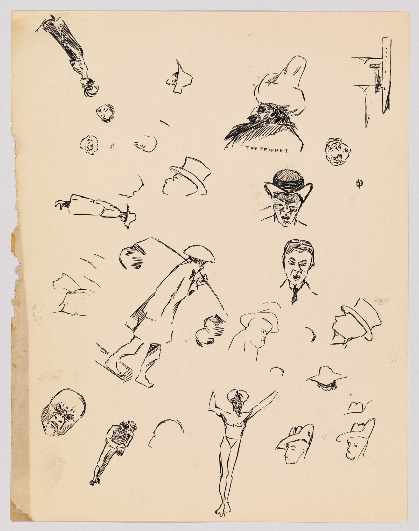 Multiple ink sketches of faces, hats, a walking man, and a turbaned figure labeled "The Prophet."