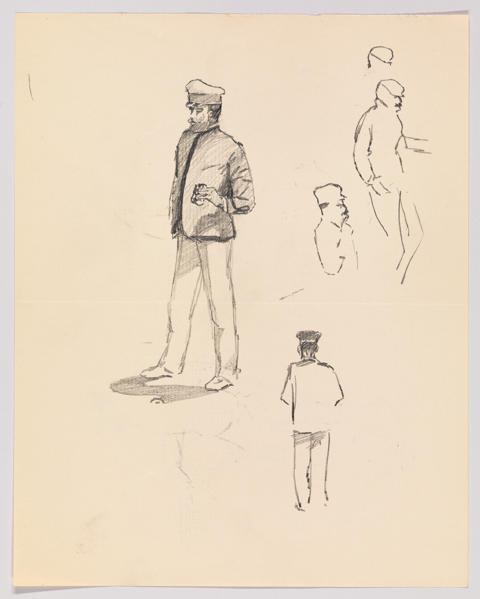 A pencil sketch of a standing bearded man in a cap holding a cup, with smaller figure studies.