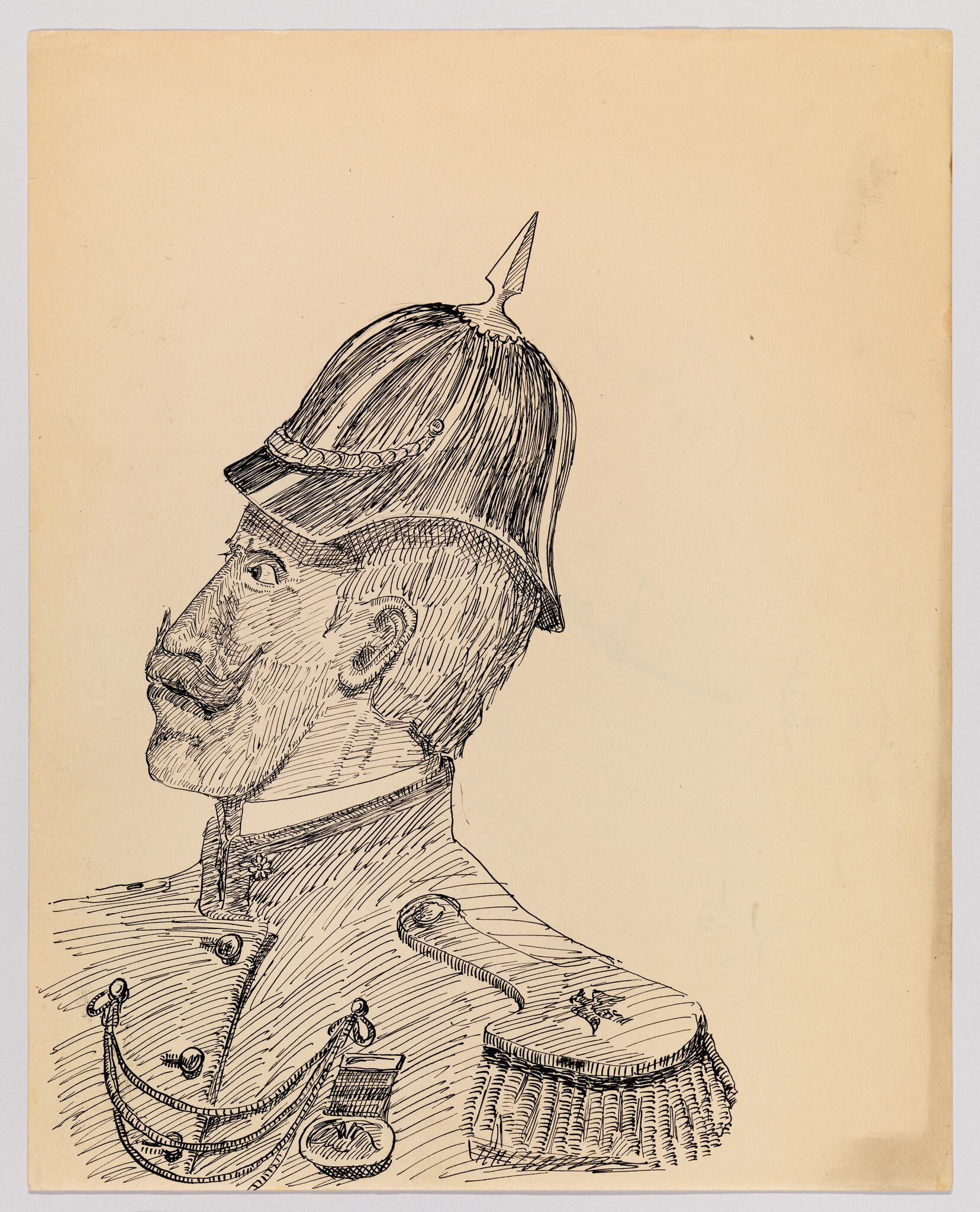 Pen drawing of a mustached soldier in a spiked helmet and decorated uniform.
