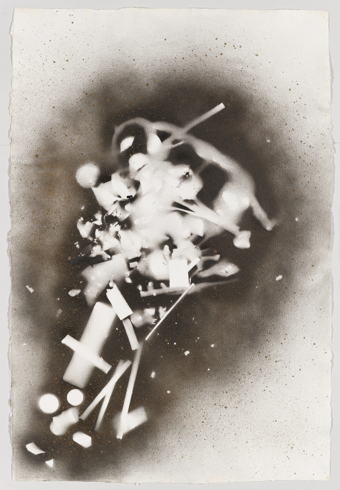 Abstract dark and white smoky shapes with scattered rectangular and circular cutouts on paper.