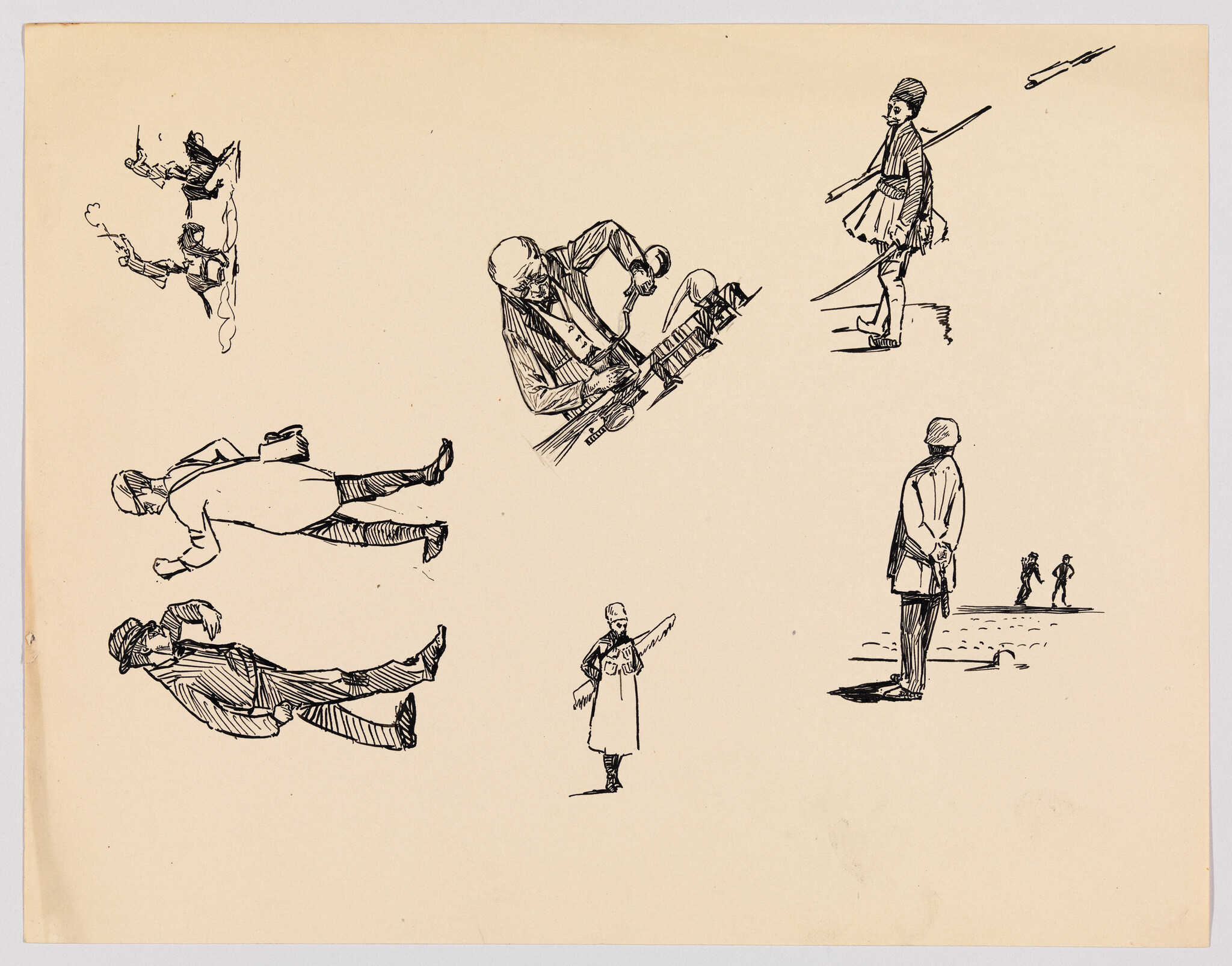 Several ink sketches show men standing, walking, and one man using a hand tool.