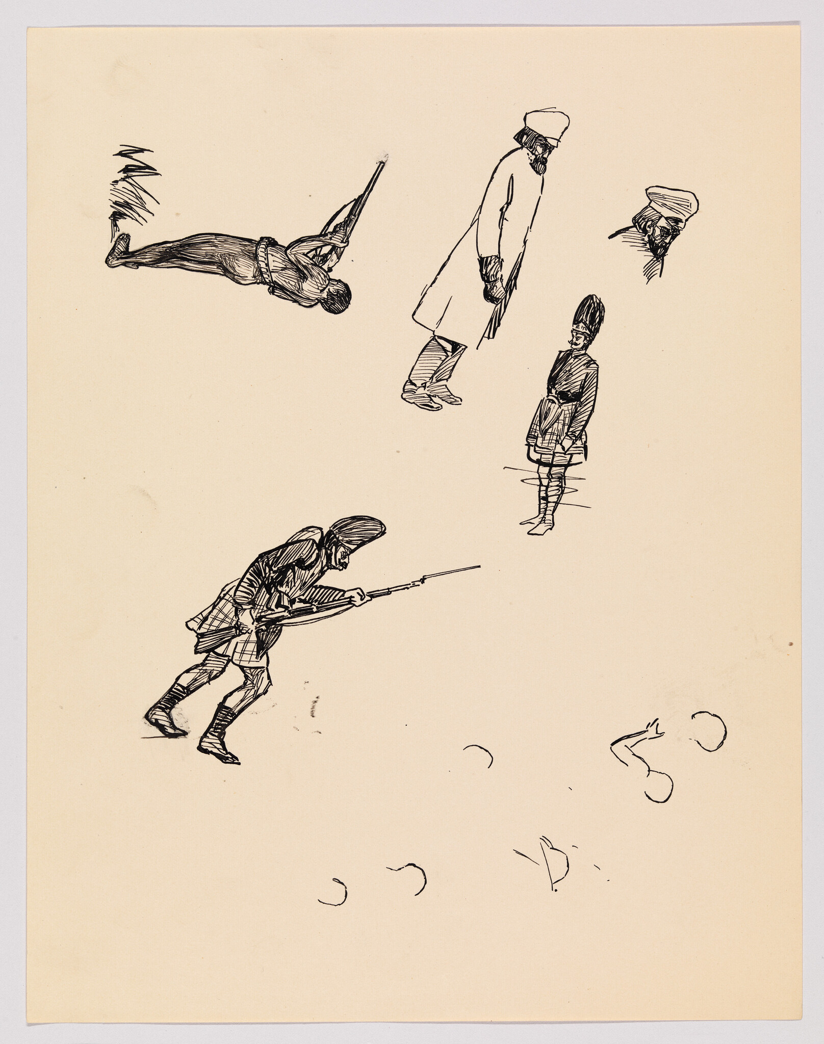 Multiple ink sketches of soldiers in various poses, including a charging rifleman and standing figures.