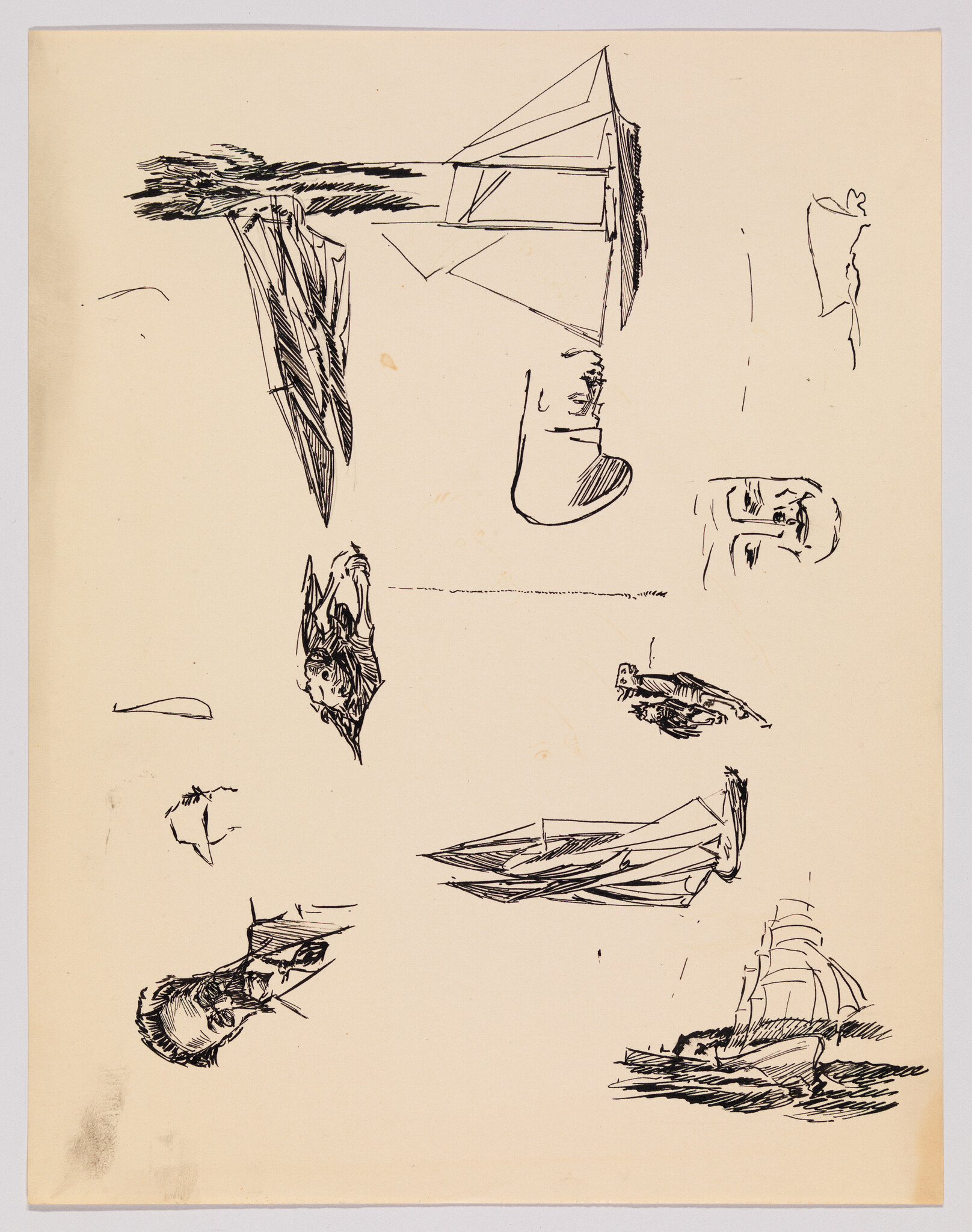 Several quick ink sketches of sailing boats and human faces arranged across a blank page.