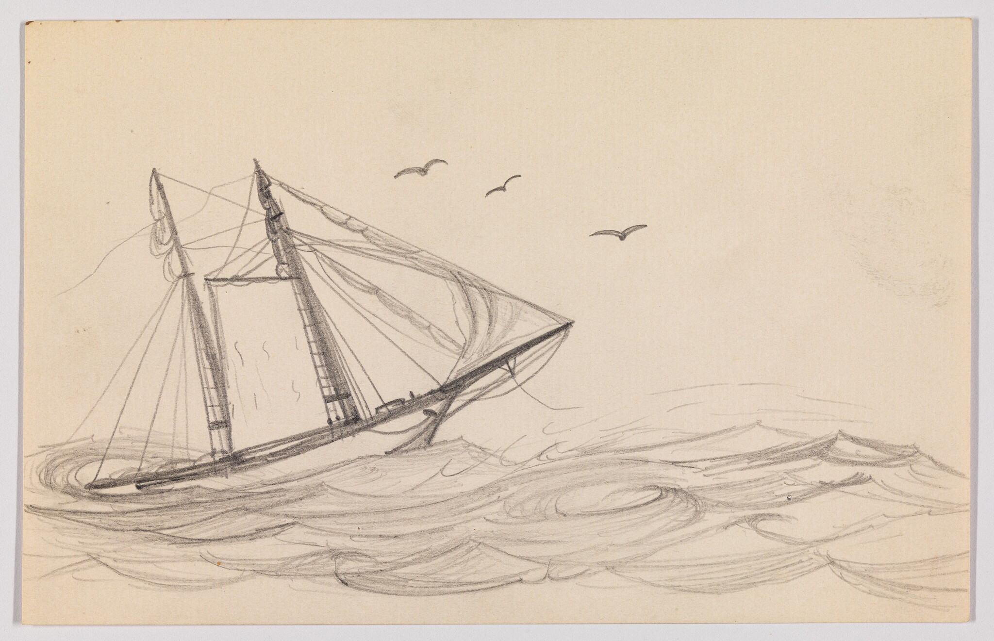 A small two-masted sailboat leans on rough waves while three seagulls fly overhead.