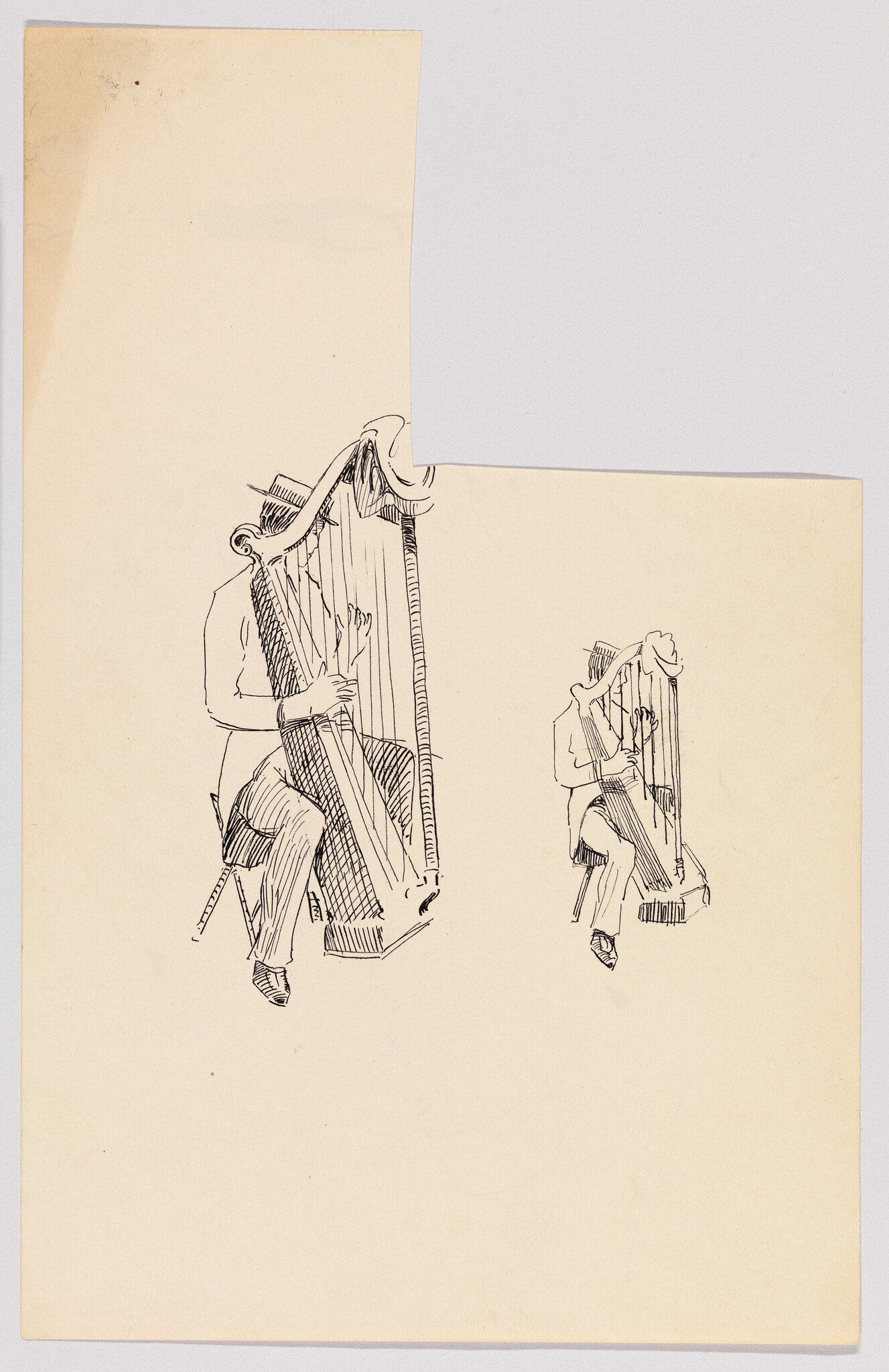 Two ink sketches show a seated musician plucking a large harp in different poses.