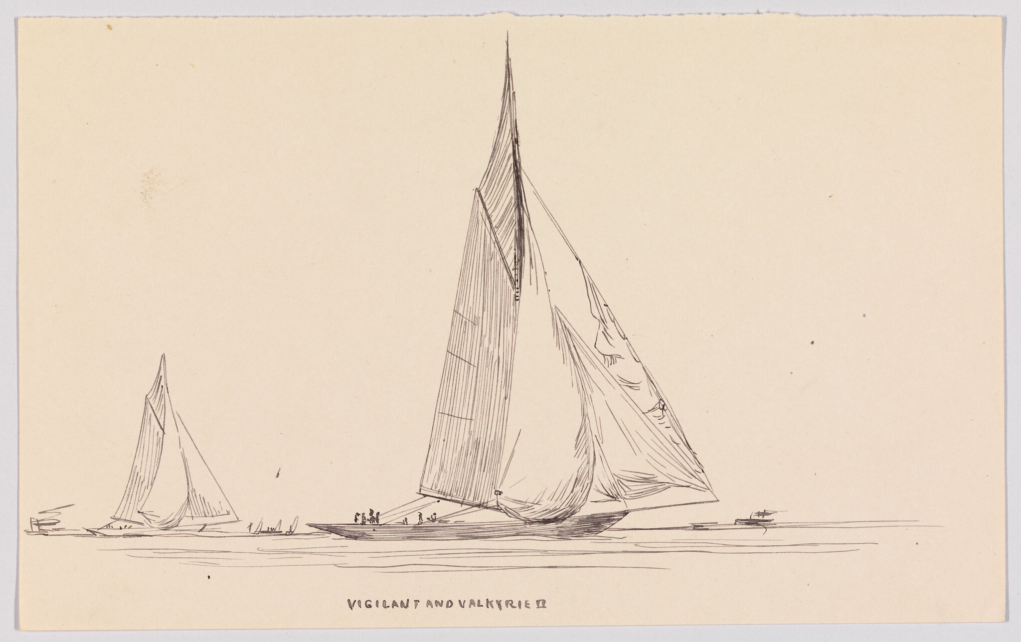 A large sailing yacht with tall mainsail glides across calm water with crew on deck.