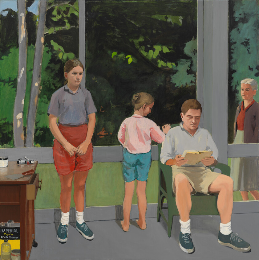 A man sits reading while two children stand on a porch looking toward the garden and an older woman watches.