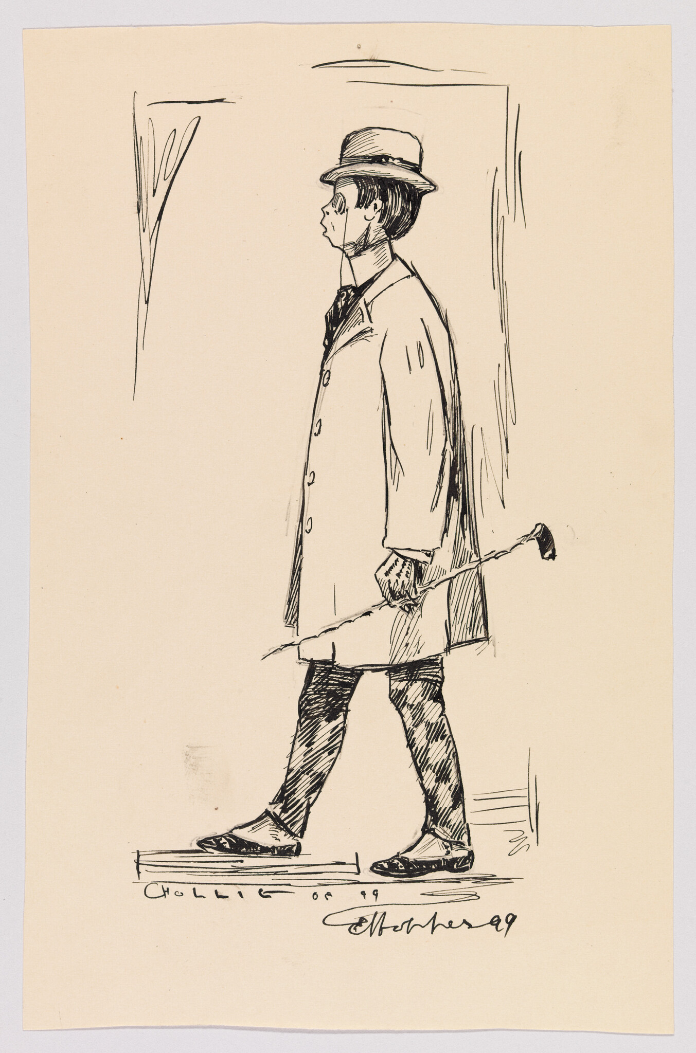 A man in a coat and hat walks holding a closed umbrella at his side.