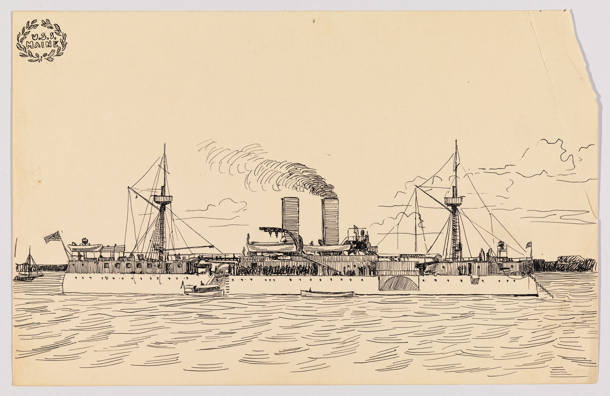 Battleship U.S.S. Maine anchored with smoke rising from its twin funnels and small boats nearby.