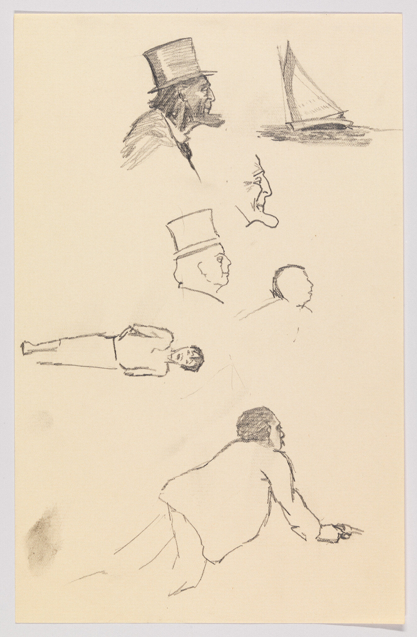 A sketch page featuring various pencil drawings including two profile views of a man wearing a top hat, a small sailboat on water, a full-body sketch of a standing man, a rough outline of a head, and a more detailed sketch of a person seated and leaning forward with one arm extended. The paper appears aged with some discoloration.