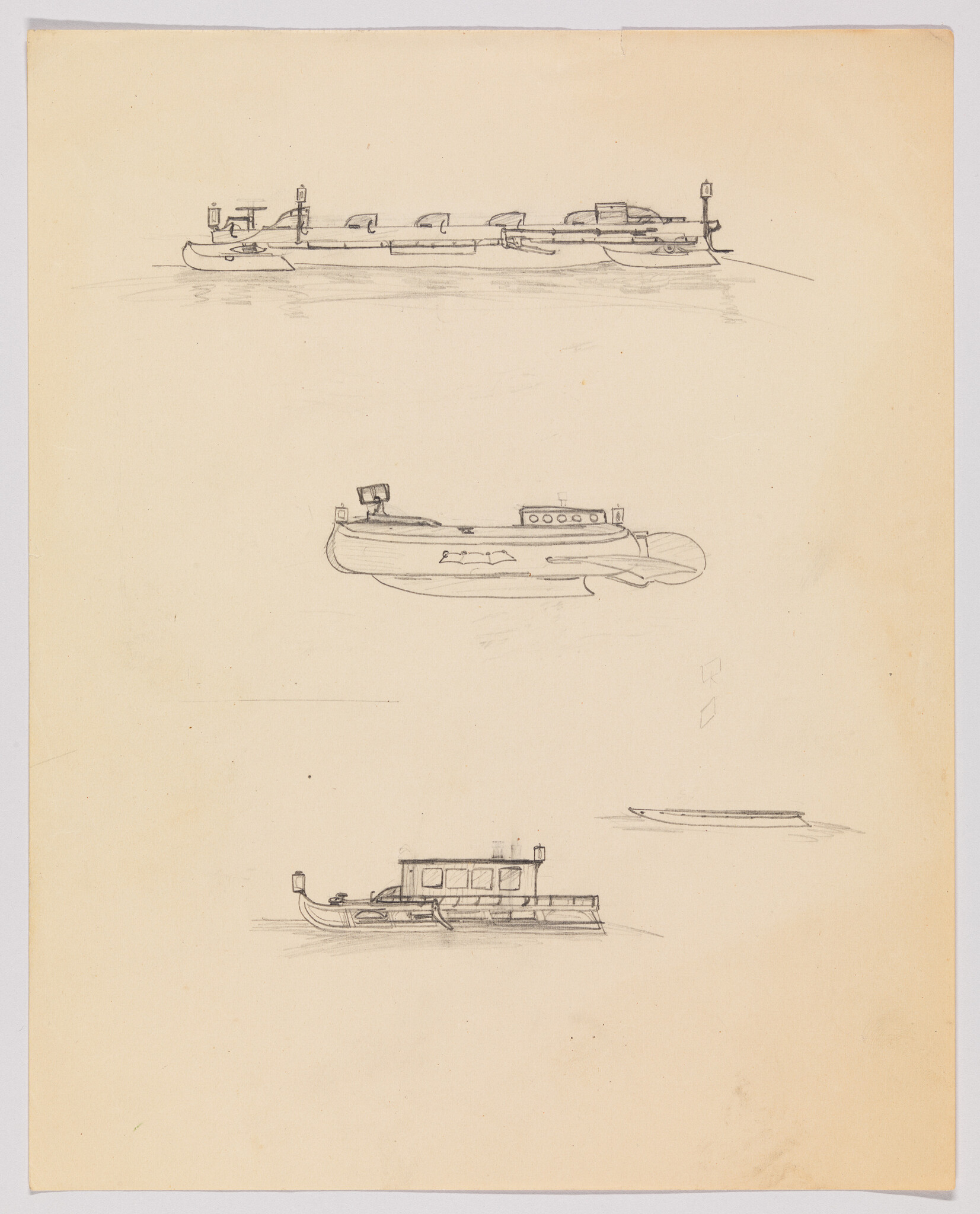 Three small pencil sketches of boats arranged vertically on blank paper.