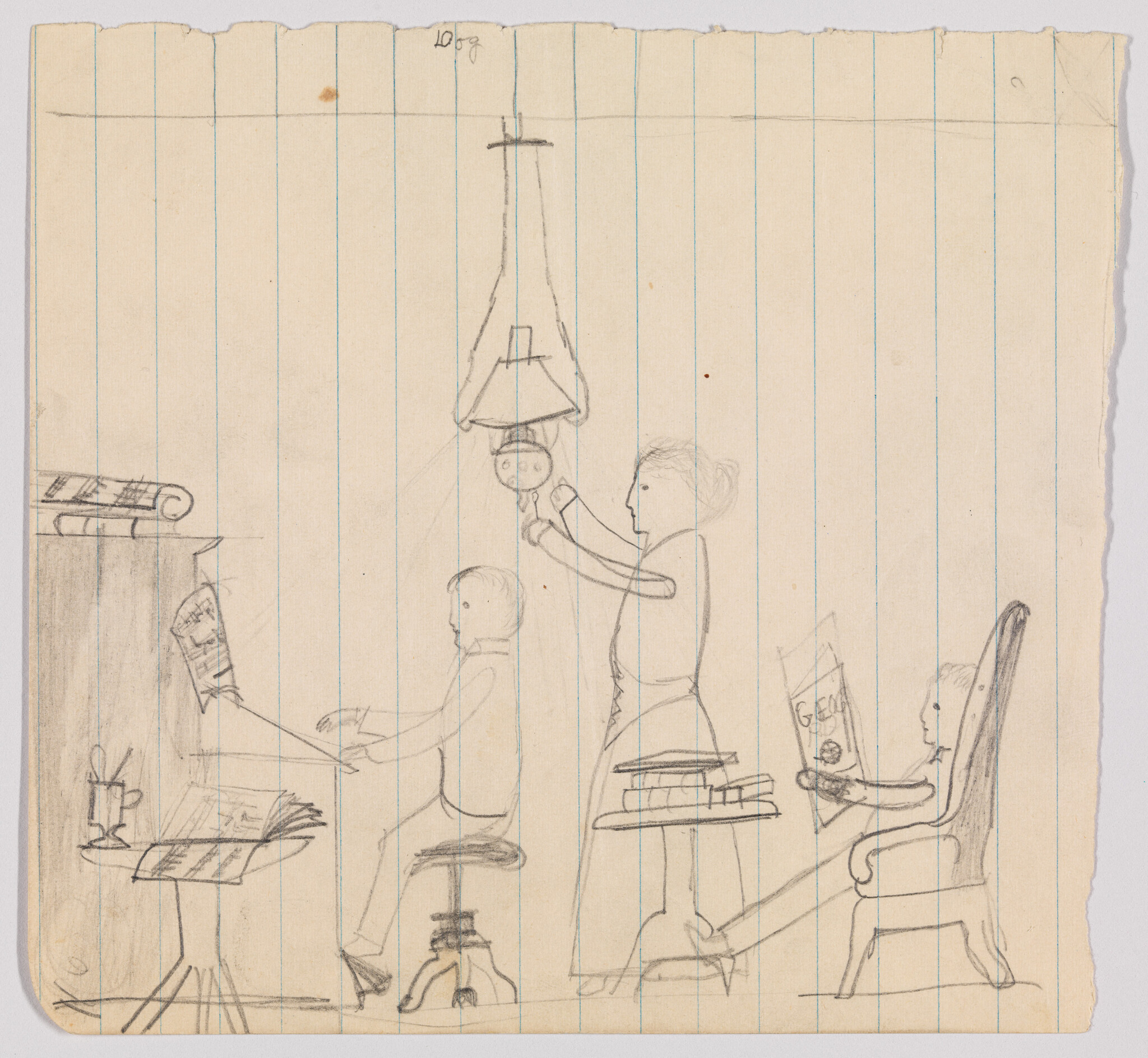 Faint pencil sketch of radiating lines and light handwriting on yellowed lined notebook paper.