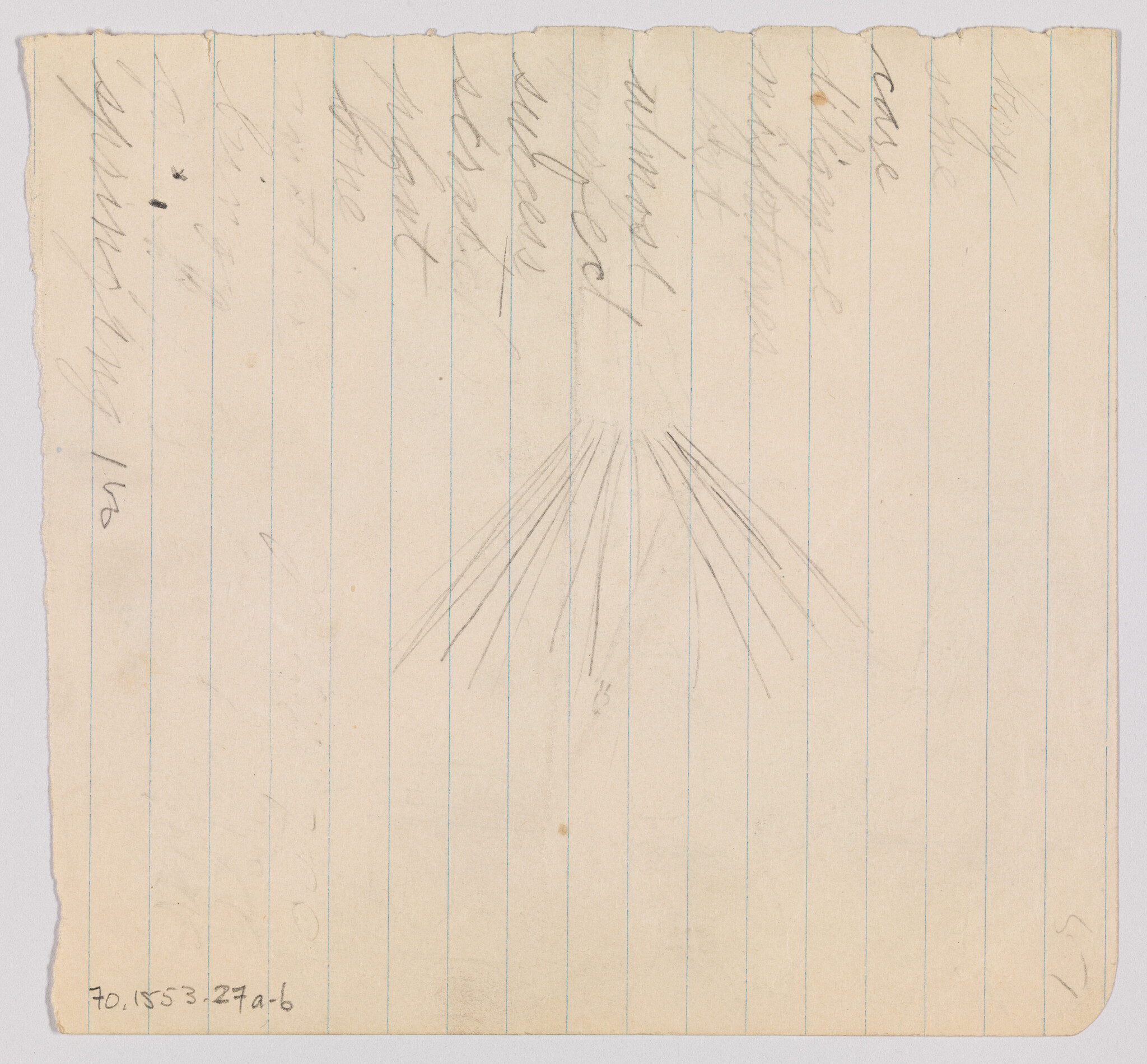 Faint pencil sketch of radiating lines and light handwriting on yellowed lined notebook paper.