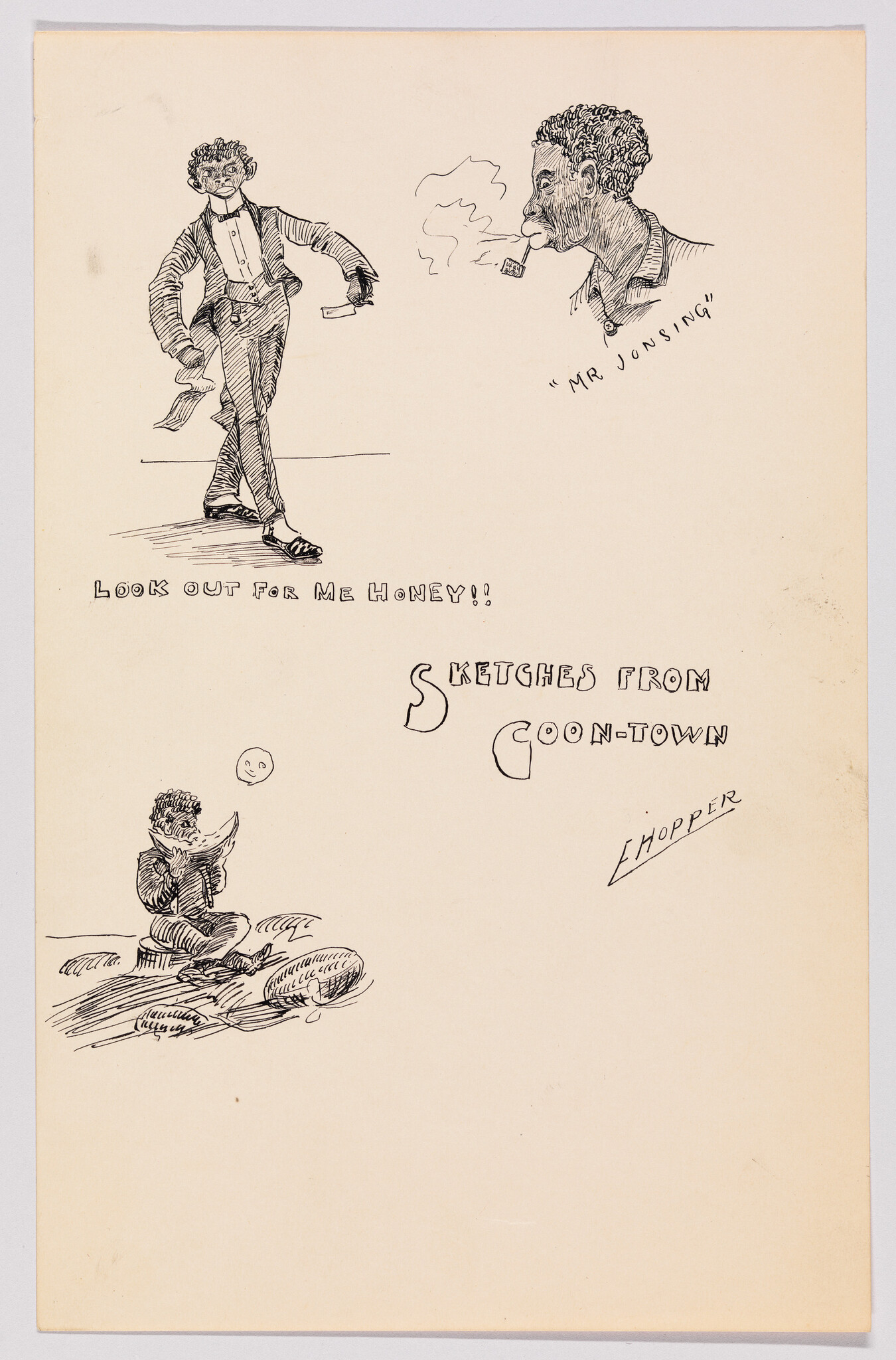 Three ink caricature figures with the handwritten title "Sketches from Coon-Town" and other captions.