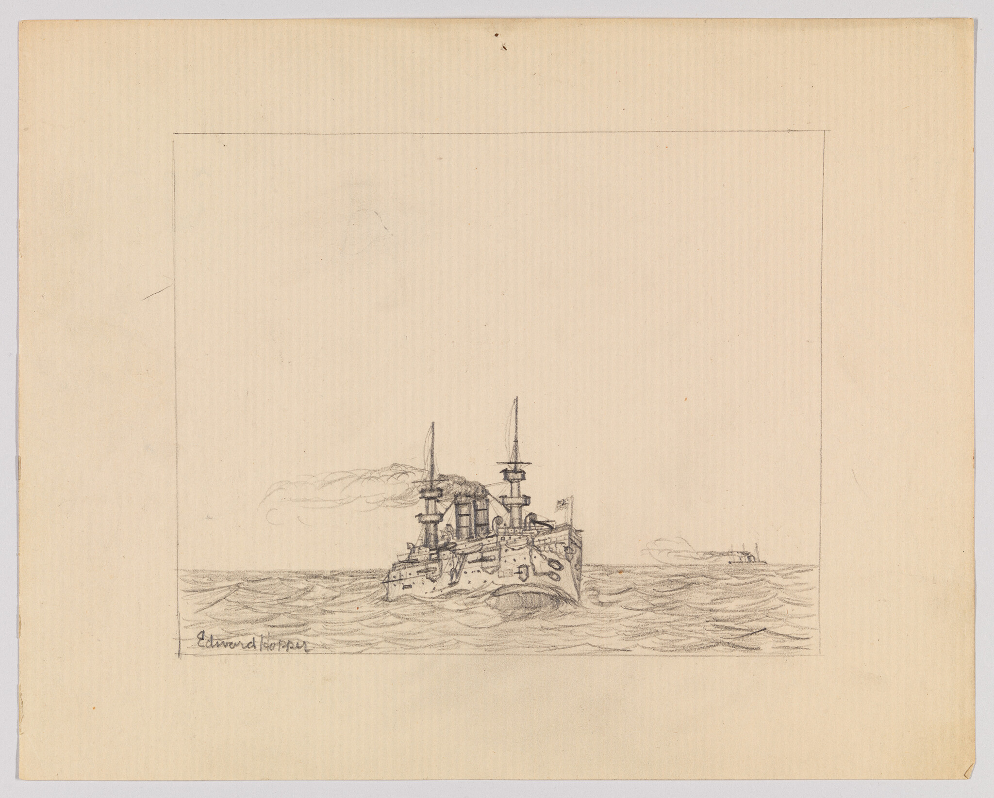 A pencil sketch of a battleship steaming toward viewer with smoke and a distant ship.