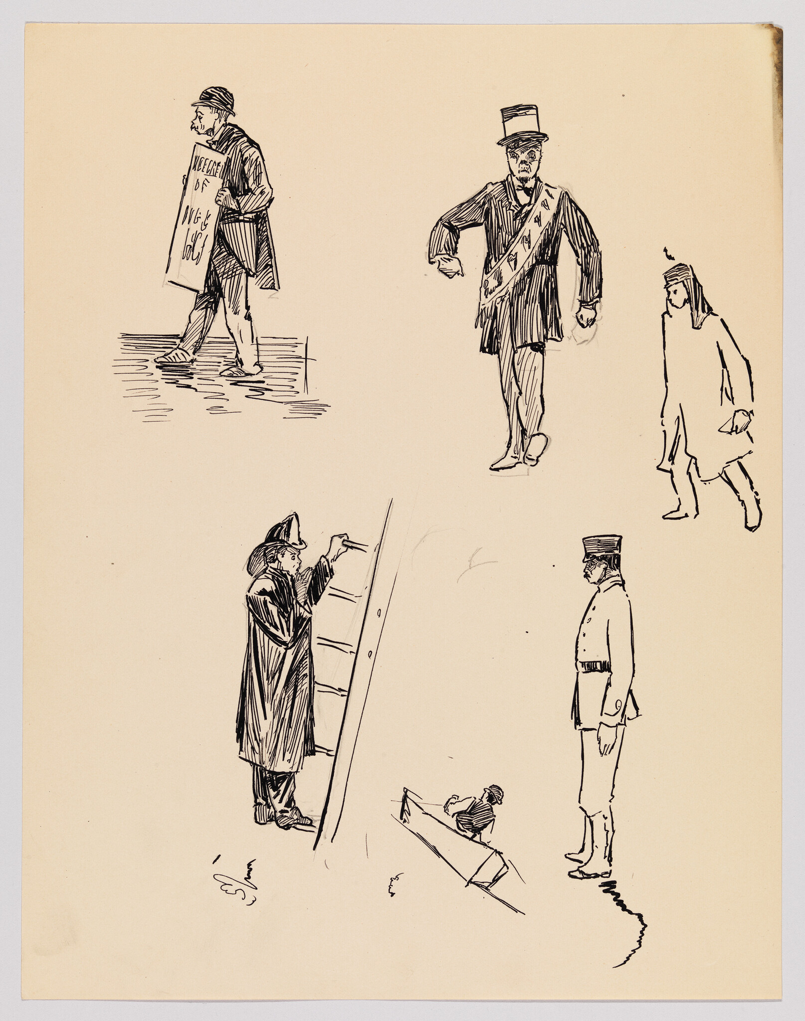 A vintage sketch featuring five separate figures in various poses: a man carrying a sign, a gentleman in a top hat, a woman walking, another man looking up a ladder, and a seated figure playing an instrument. The artwork is done in black ink on a beige paper background.