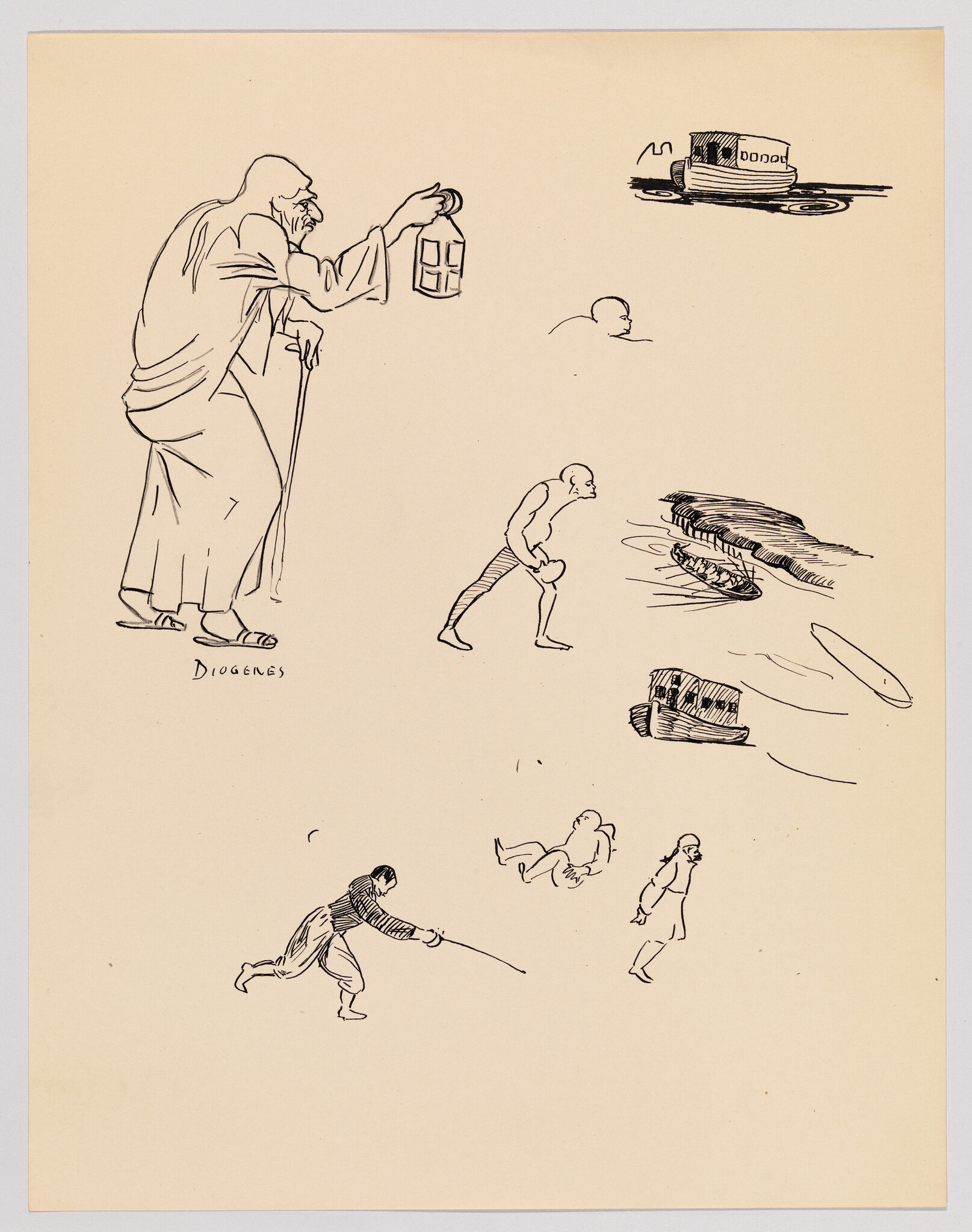 An old man labeled Diogenes holds a lantern while small ink sketches of people and boats surround him.