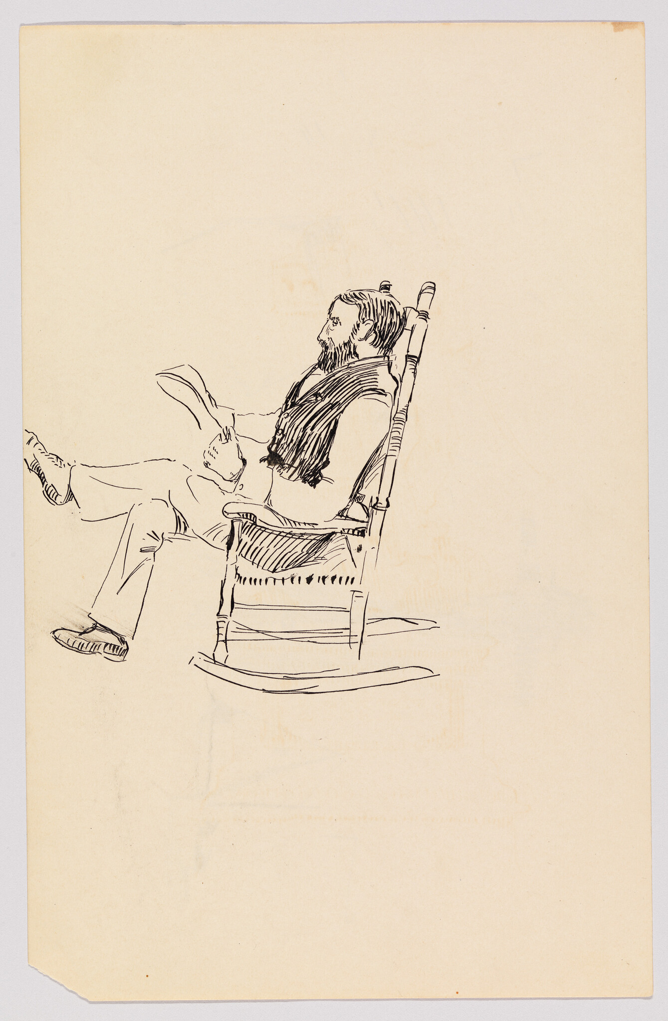 Bearded man sits in a rocking chair with legs extended while reading a newspaper.