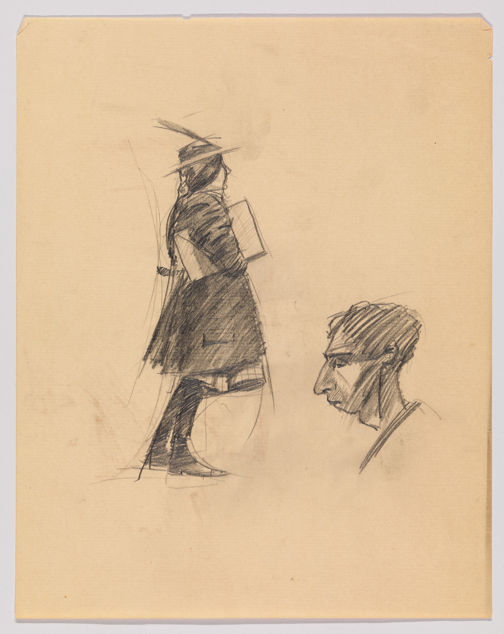 A pencil sketch of a woman in a hat holding a book and a separate male profile.
