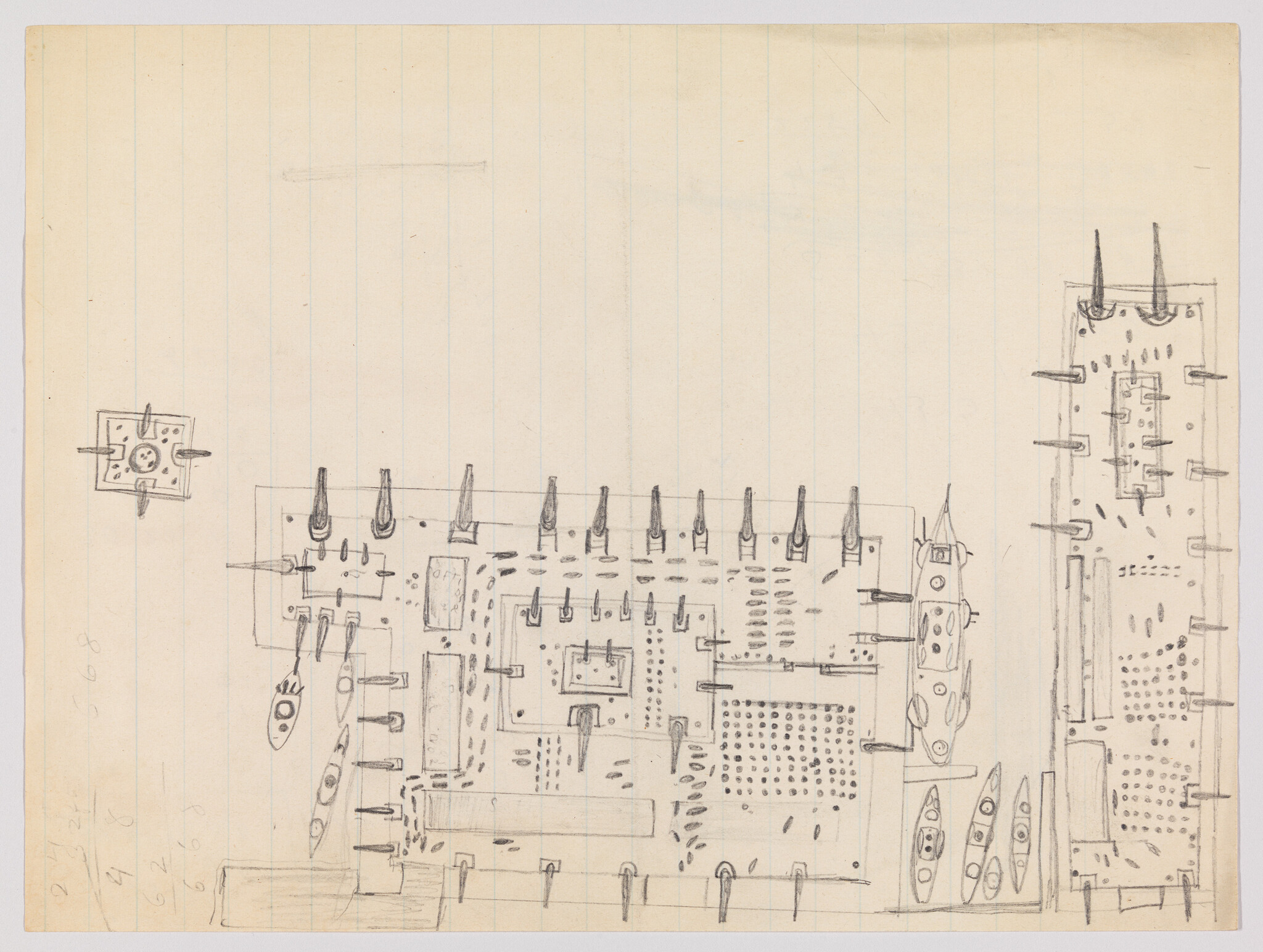 Pencil drawing showing a harbor layout with piers, moored ships, and docks.