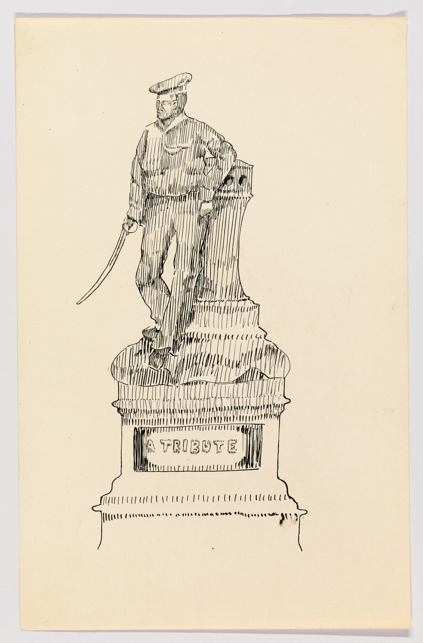 A statue of a sailor standing with a saber on a pedestal inscribed "A tribute".