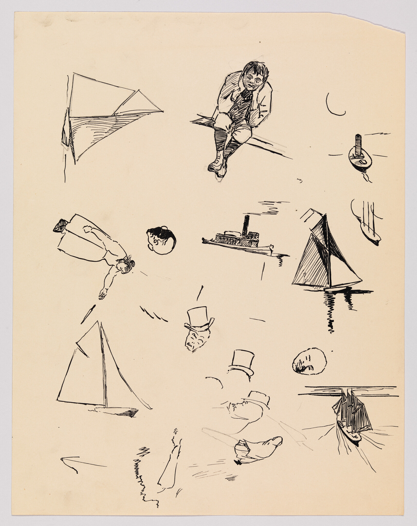 Multiple quick ink sketches of sailboats, a steamboat, and several people on cream paper.