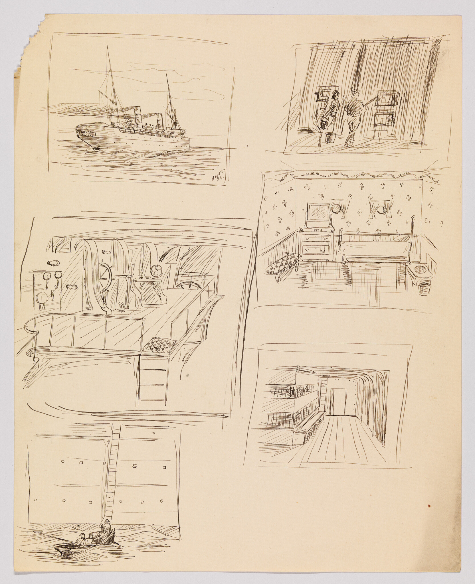 Several quick pen sketches show a ship, its engine room, cabins, and a small boat by a ladder.