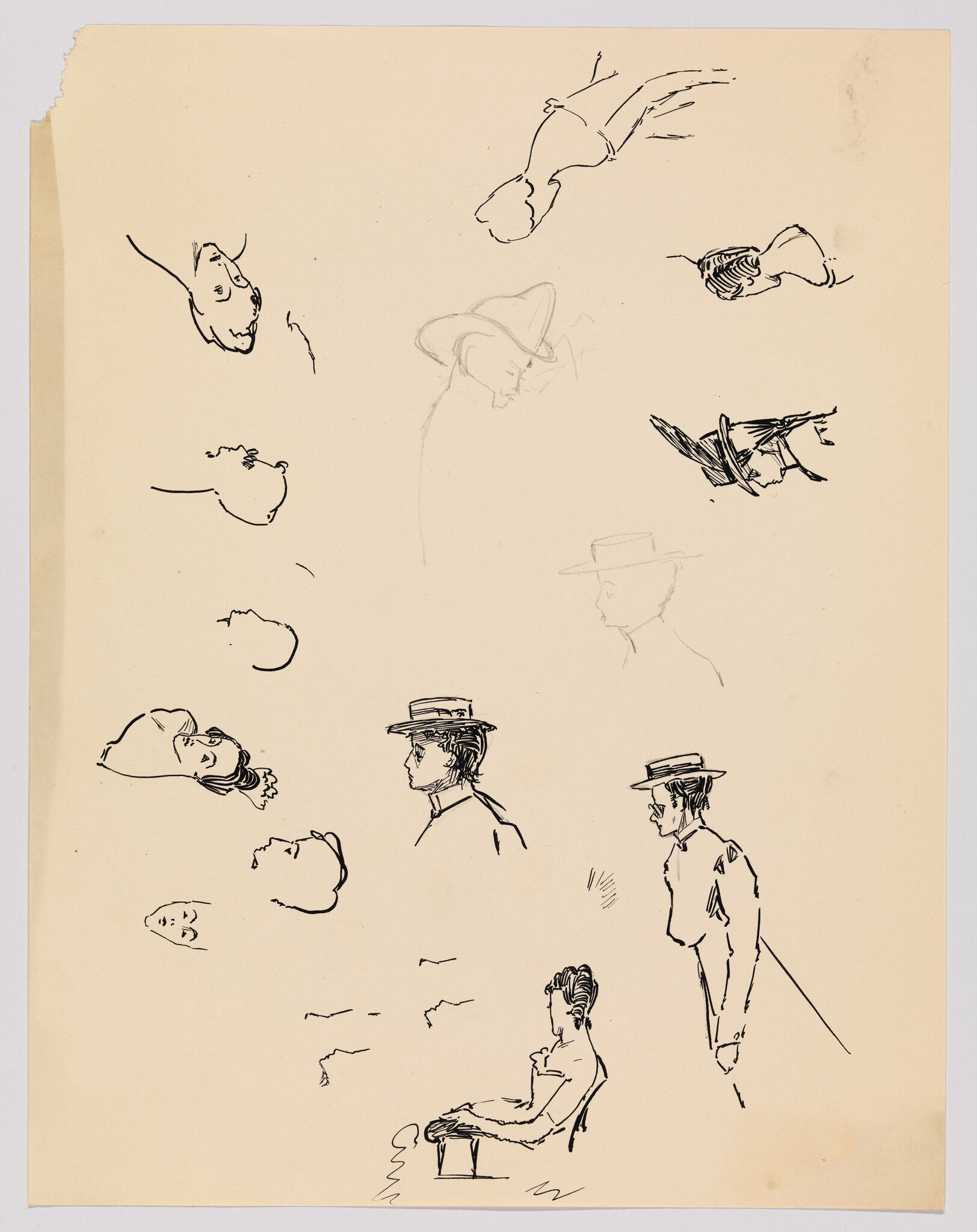 Several quick ink sketches of men and women in profile, many wearing straw hats.
