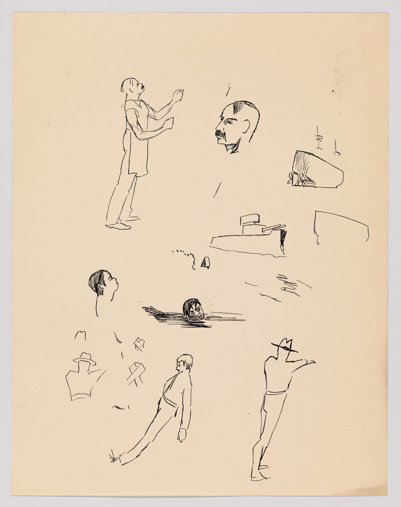 Multiple quick ink sketches of people in different poses, including a person swimming with head visible.