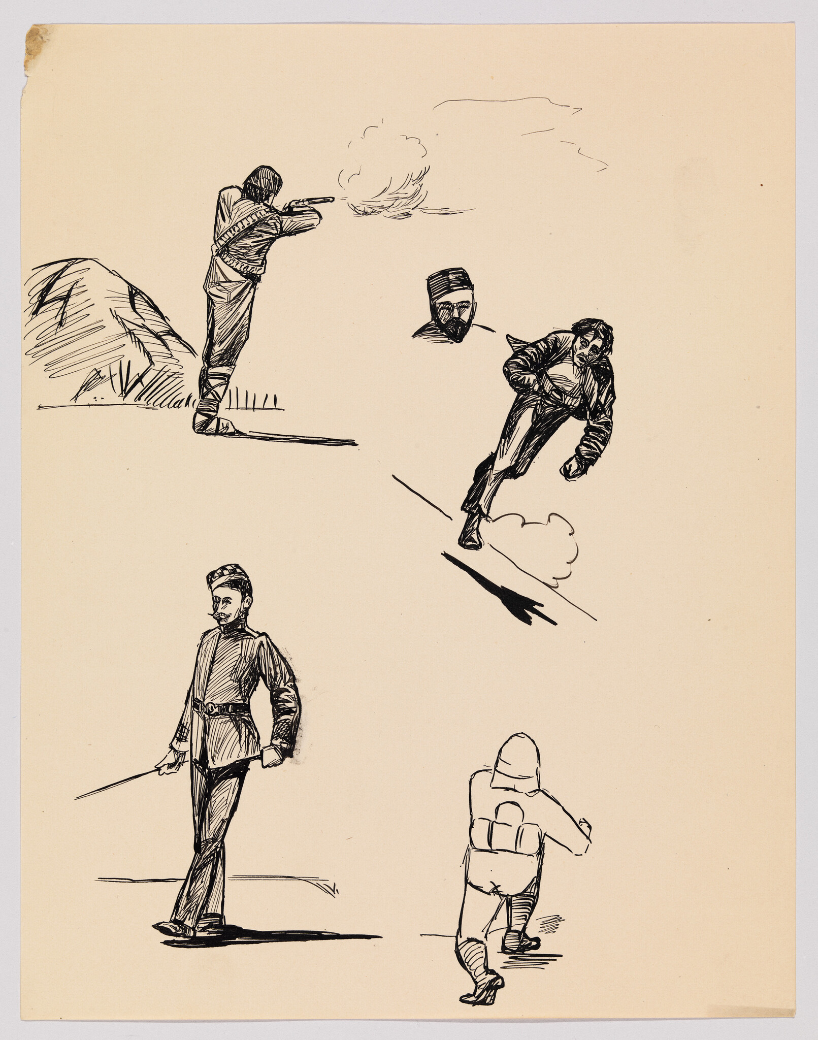 Several ink sketches showing soldiers shooting, running, marching with a sword, and crouching with gear.