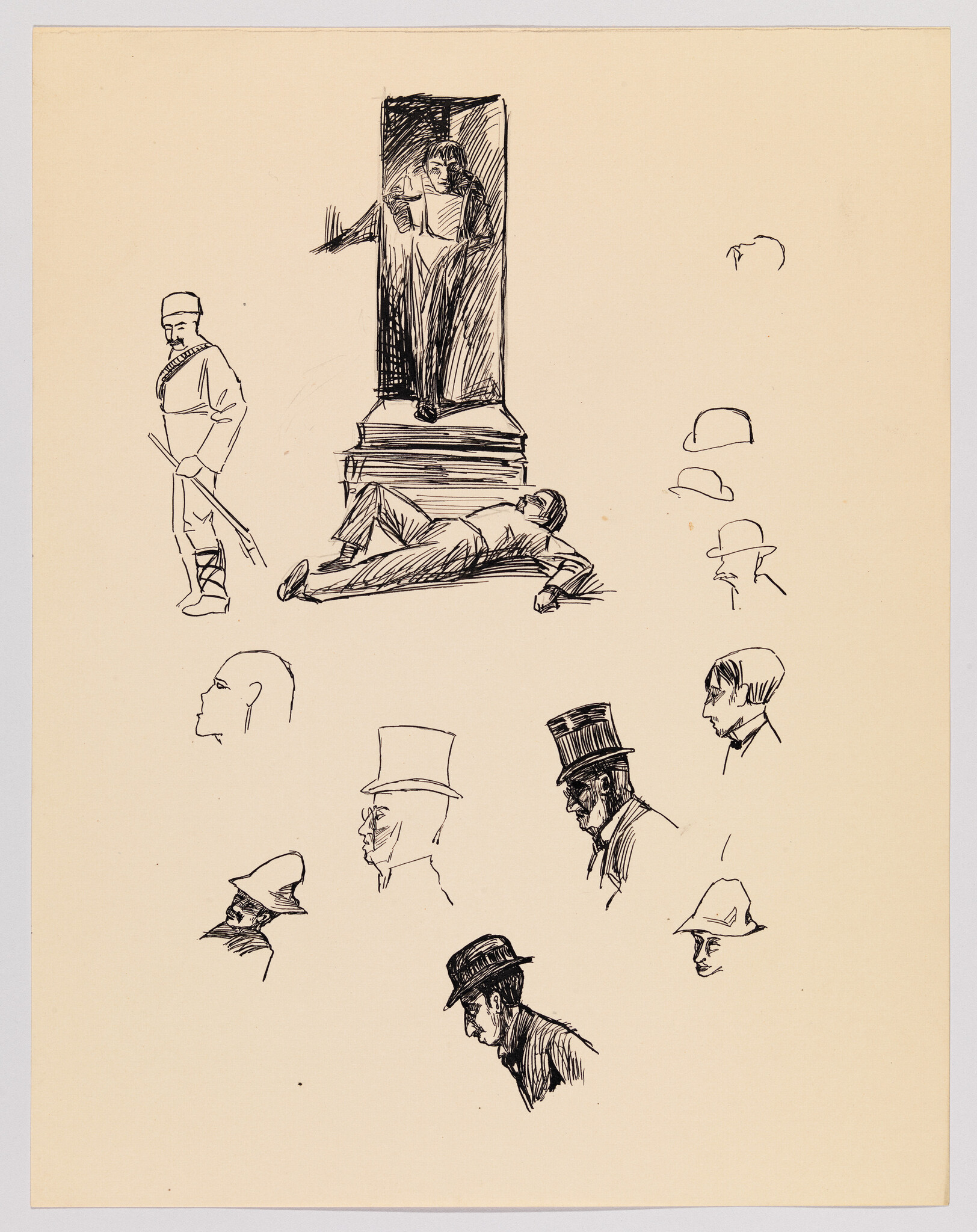 A reclining man rests at the base of a tall statue while various men’s head sketches surround them.