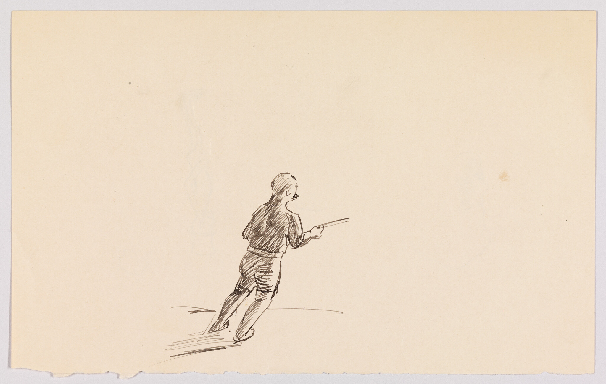 Small pen sketch of a person from behind leaning forward while holding a long stick.