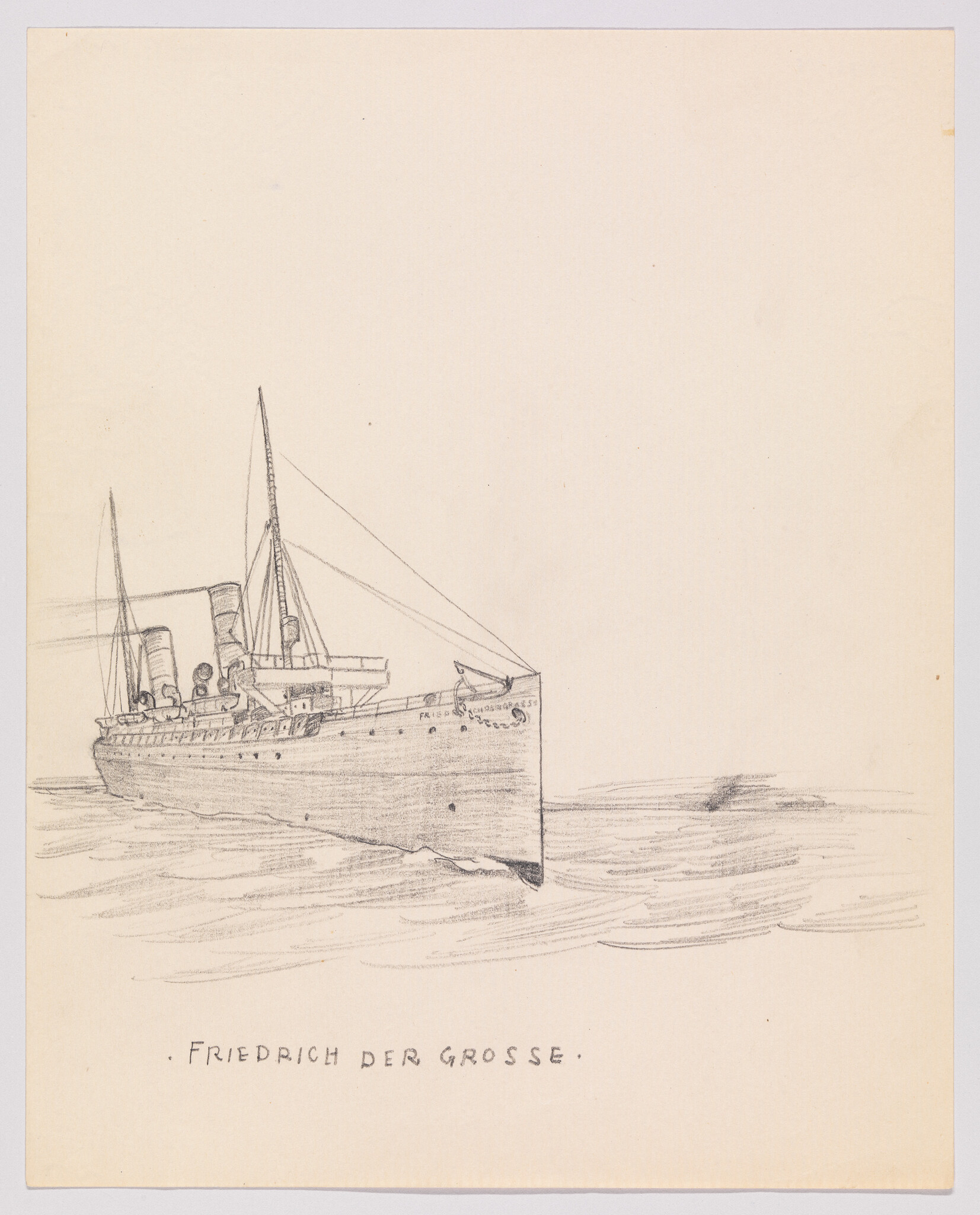 A pencil sketch shows the passenger ship Friedrich der Grosse sailing on calm water.