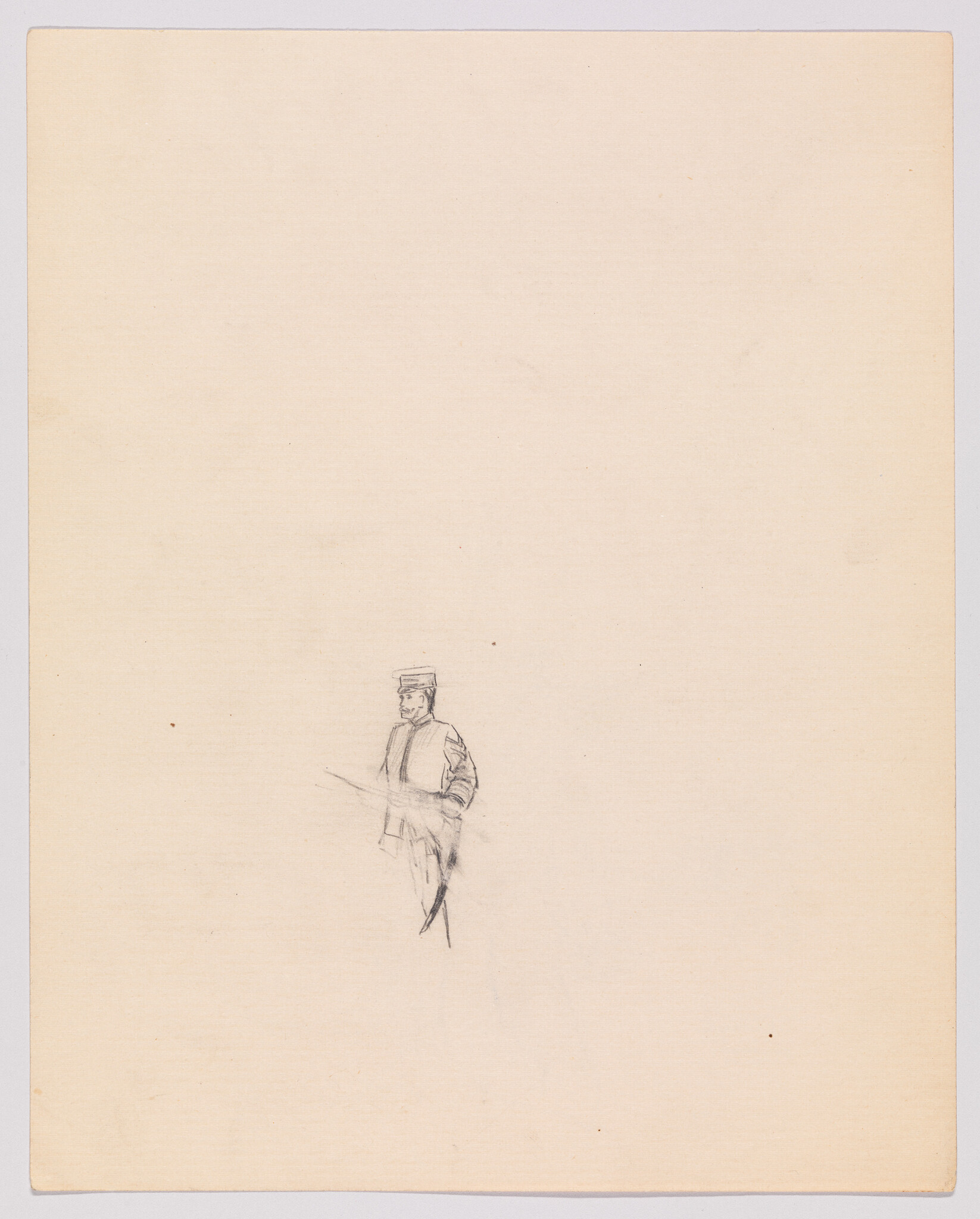 A small pencil sketch of a standing soldier in uniform holding a rifle near the page center.
