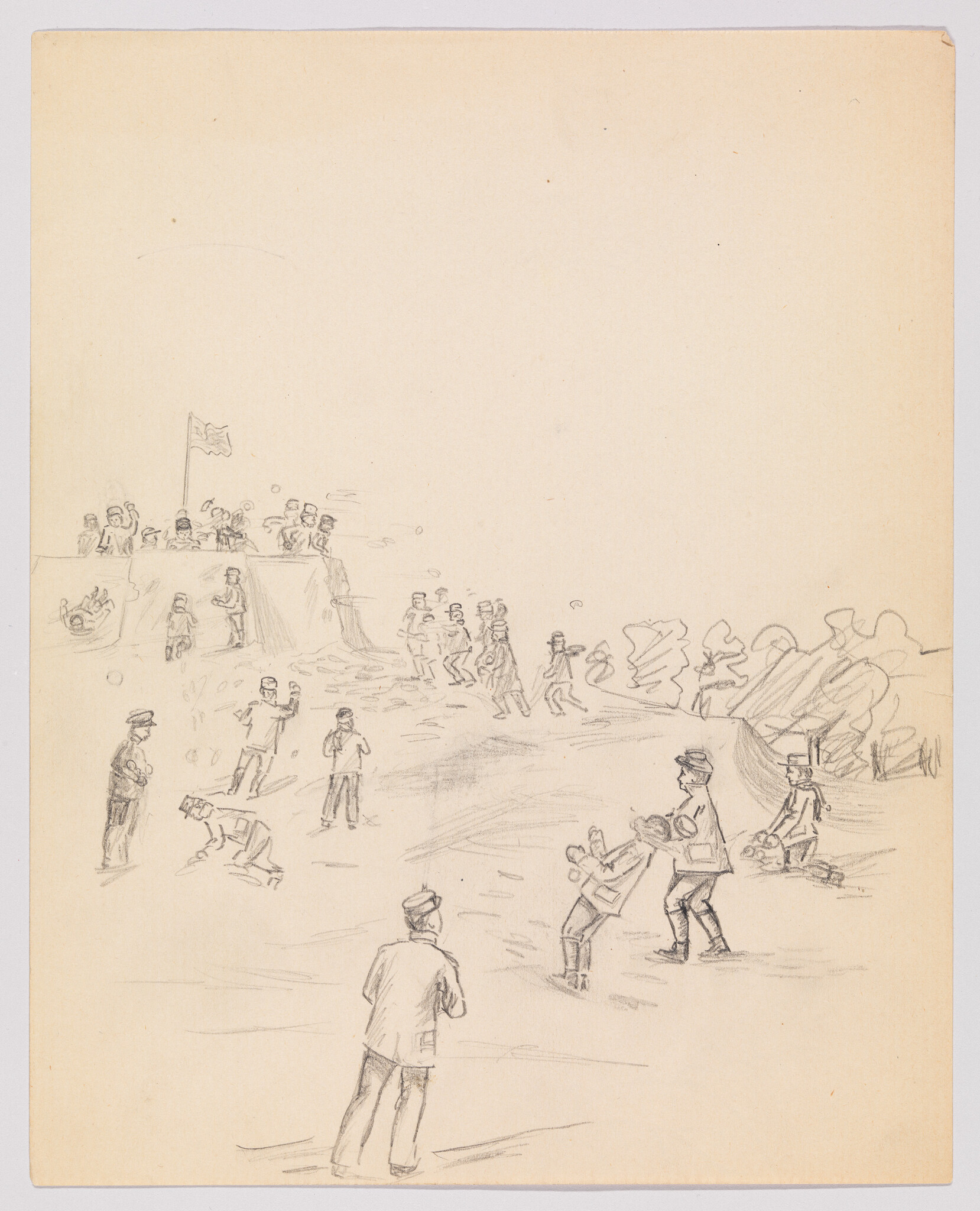 A pencil sketch showing men playing baseball on a field with spectators on a nearby hill.