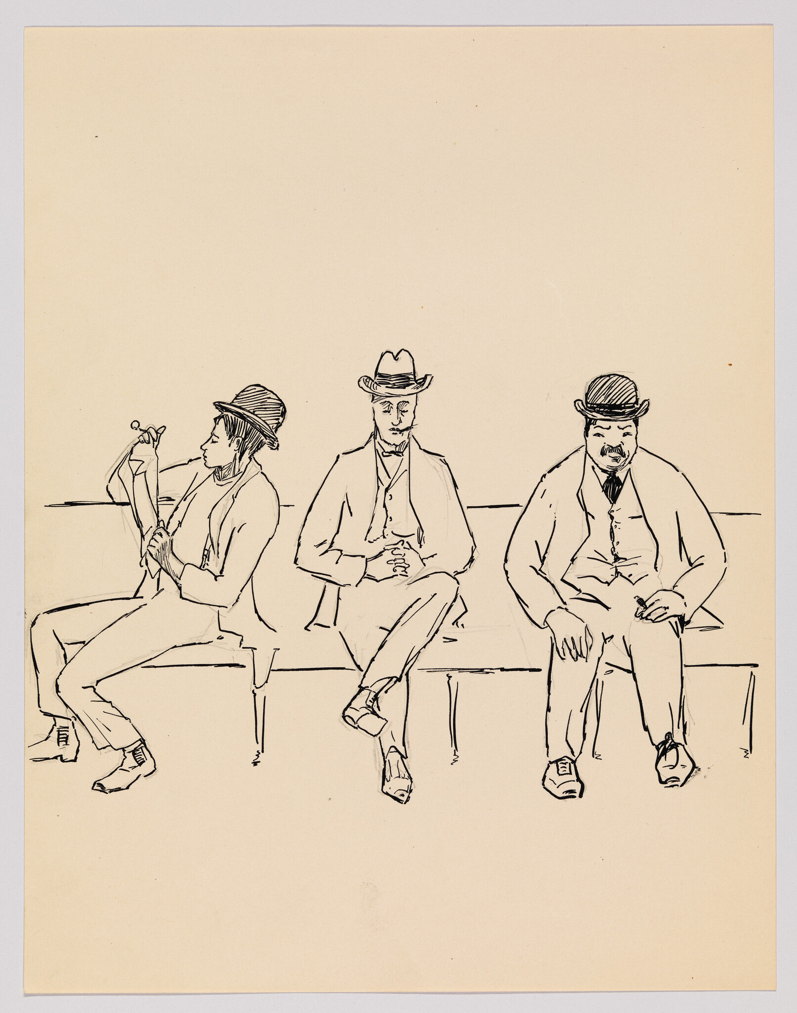 Three men sitting on a bench in a line drawing, with the man on the left playing a violin, the man in the middle looking forward, and the man on the right looking down, all wearing hats.