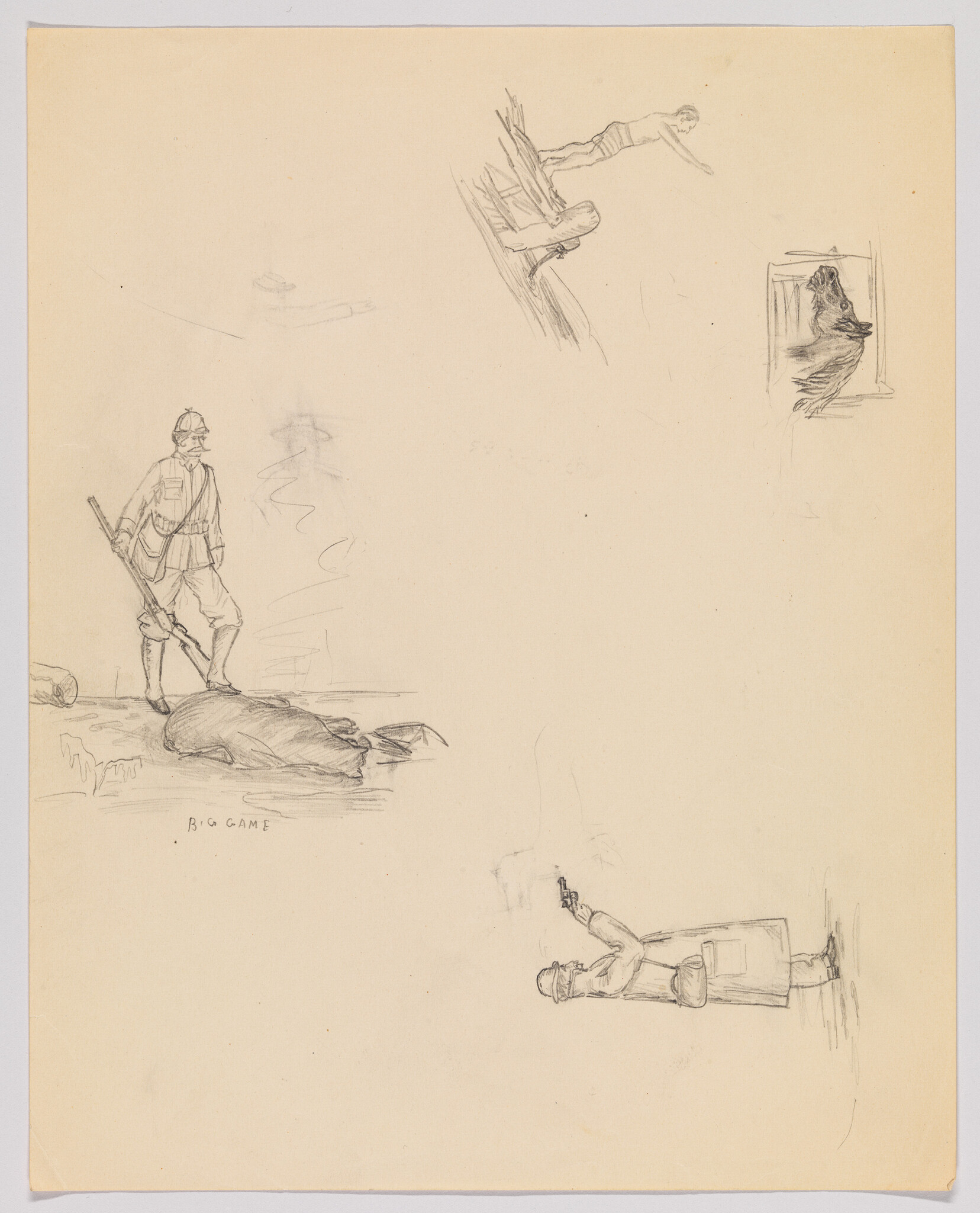 A hunter in uniform stands with a rifle beside a large dead animal on the ground.