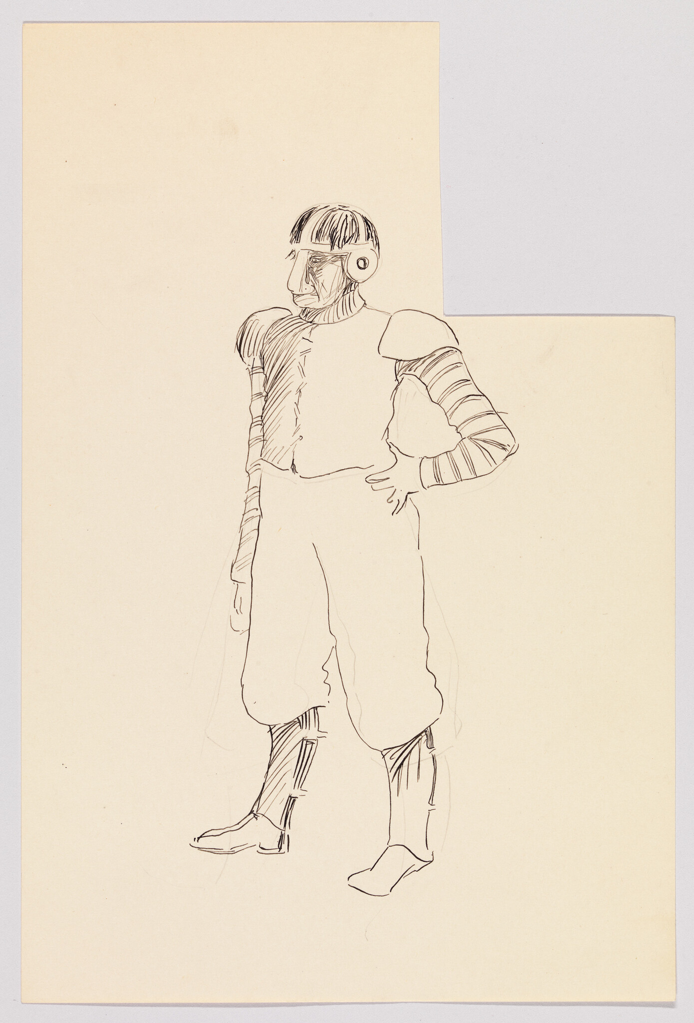 A sketch of a person wearing medieval-style armor and helmet standing with one hand on hip.