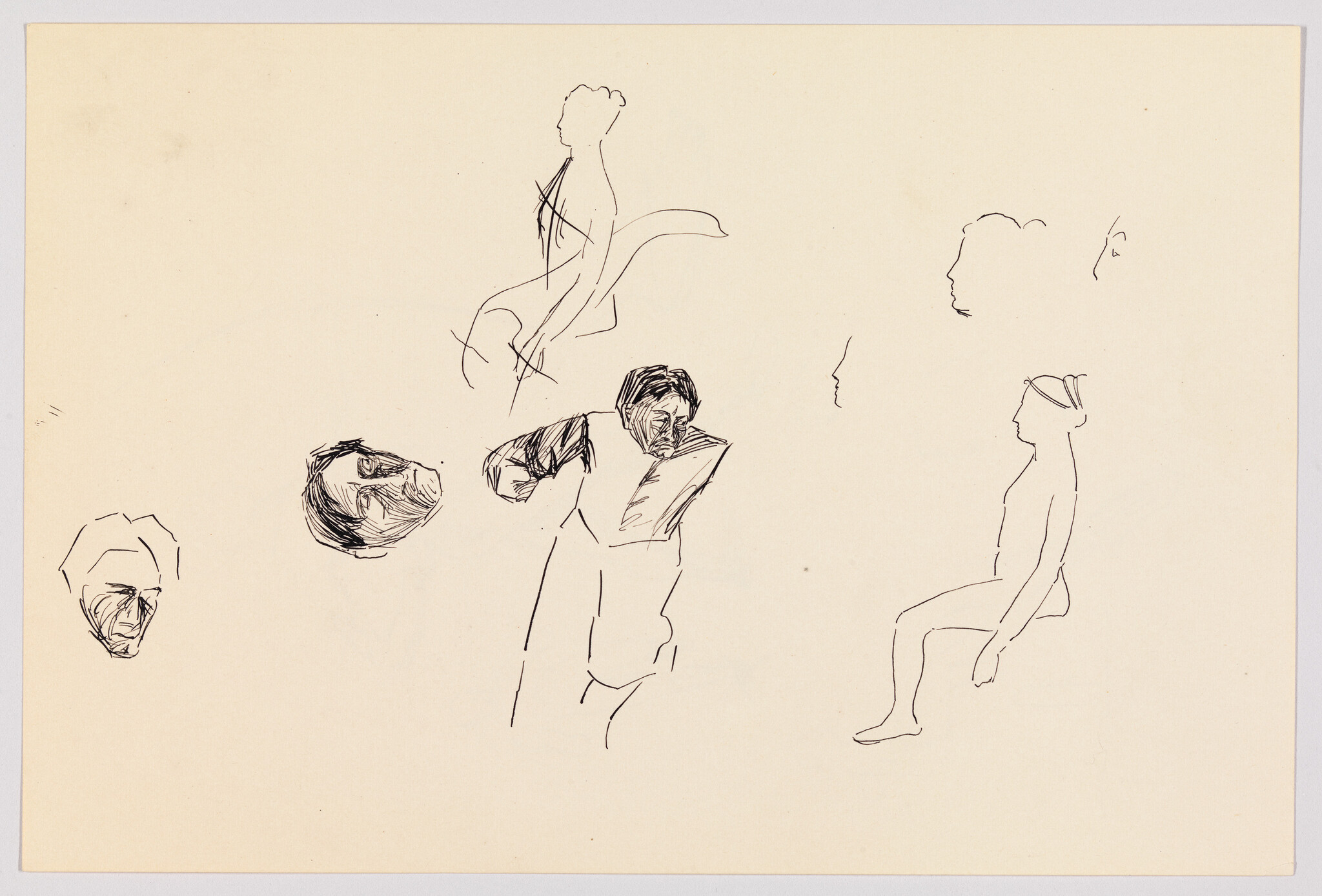 A sketch on a beige paper featuring various loosely drawn figures and faces. There is a prominent sketch of a person in the center with defined facial features and clothing, appearing to be in a dynamic pose with one arm bent. To the right, there is a side profile of a seated figure with minimal detail. The rest of the sketches include partial faces and abstract lines scattered across the page.