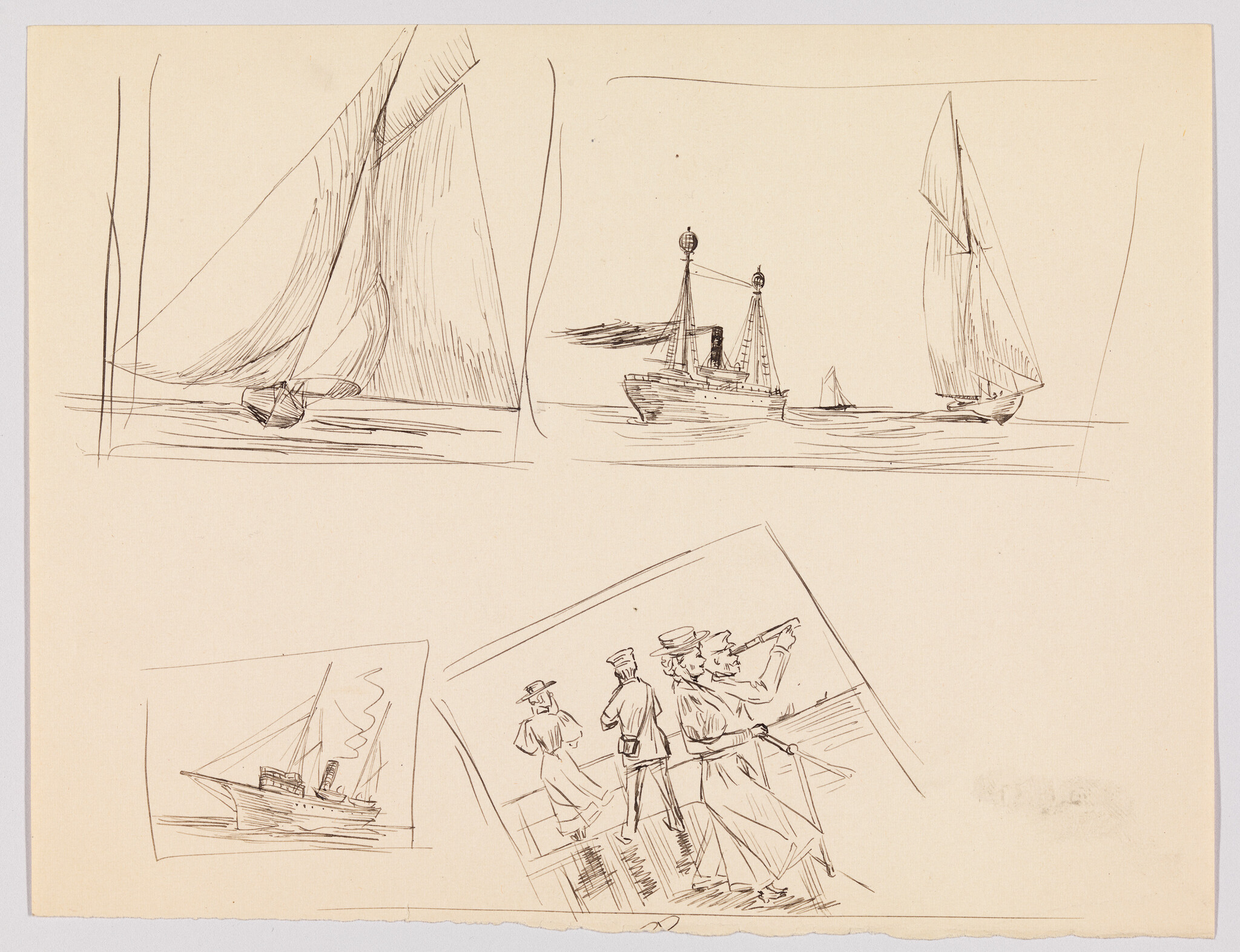 Several pen sketches of sailboats and a steamship with people on deck using a telescope.