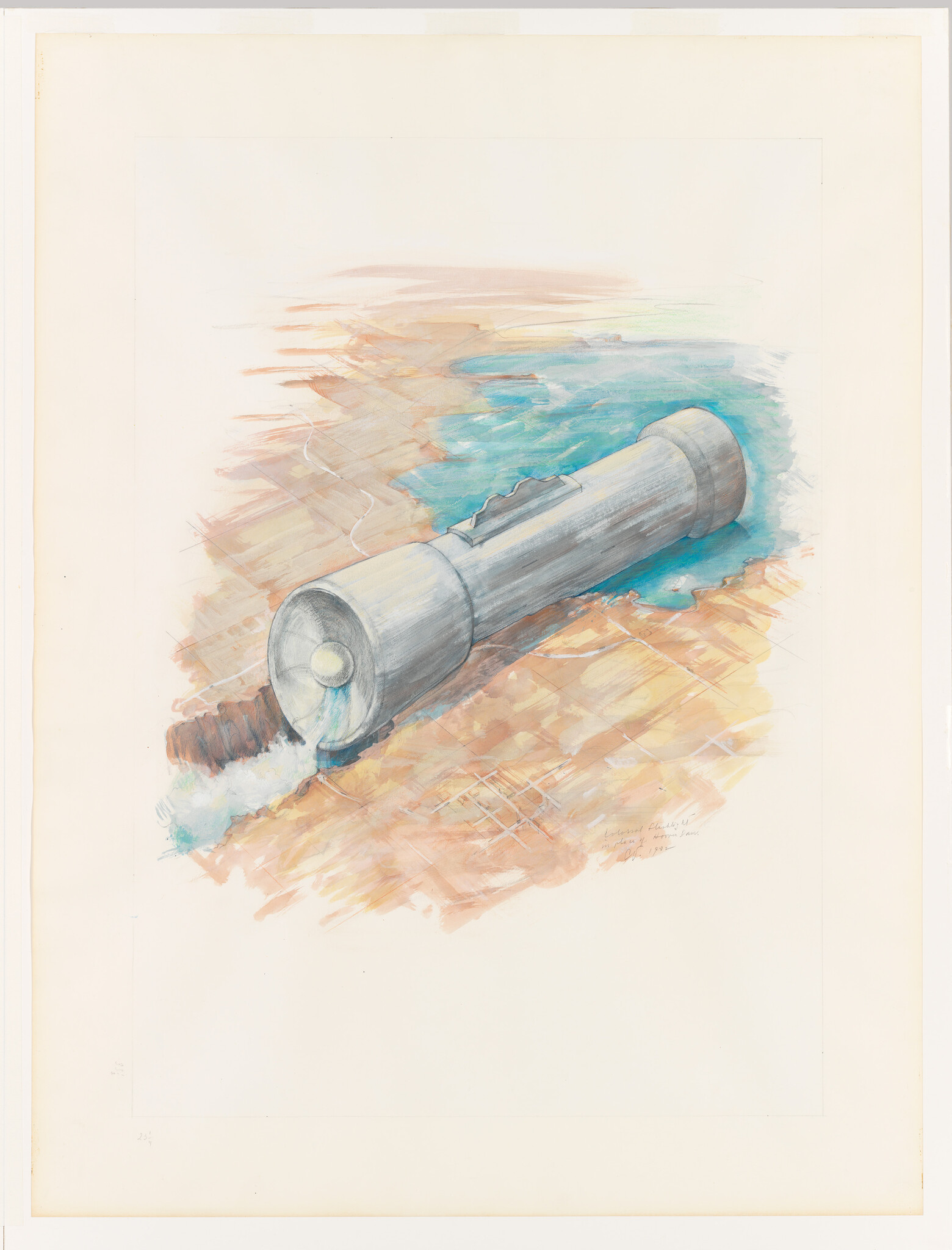 Watercolor painting of a cylindrical object, possibly a log or a pipe, lying diagonally across a textured background with warm earth tones and patches of blue. The object has a detailed texture and appears to be casting a shadow, suggesting a three-dimensional form on the two-dimensional surface. The painting is bordered by a wide, blank margin, and there is a signature at the bottom right corner.