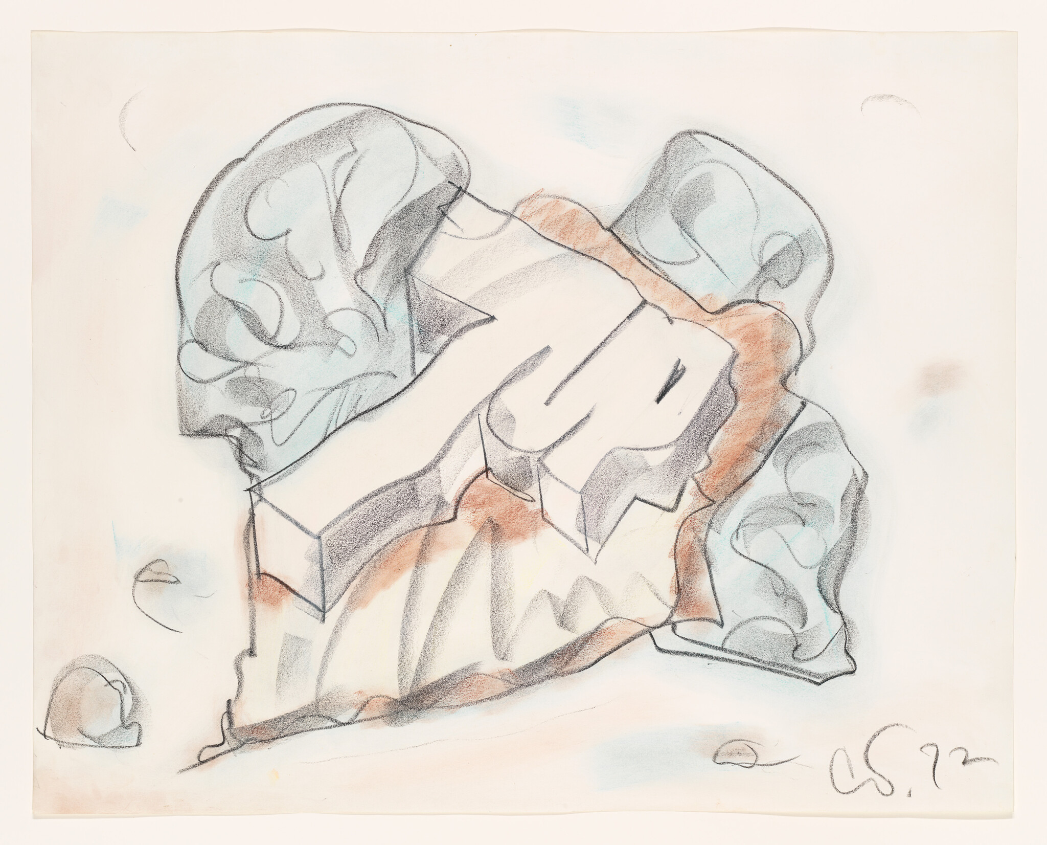 Crayon and charcoal drawing of a crumpled patterned cloth with soft blue and brown shading.