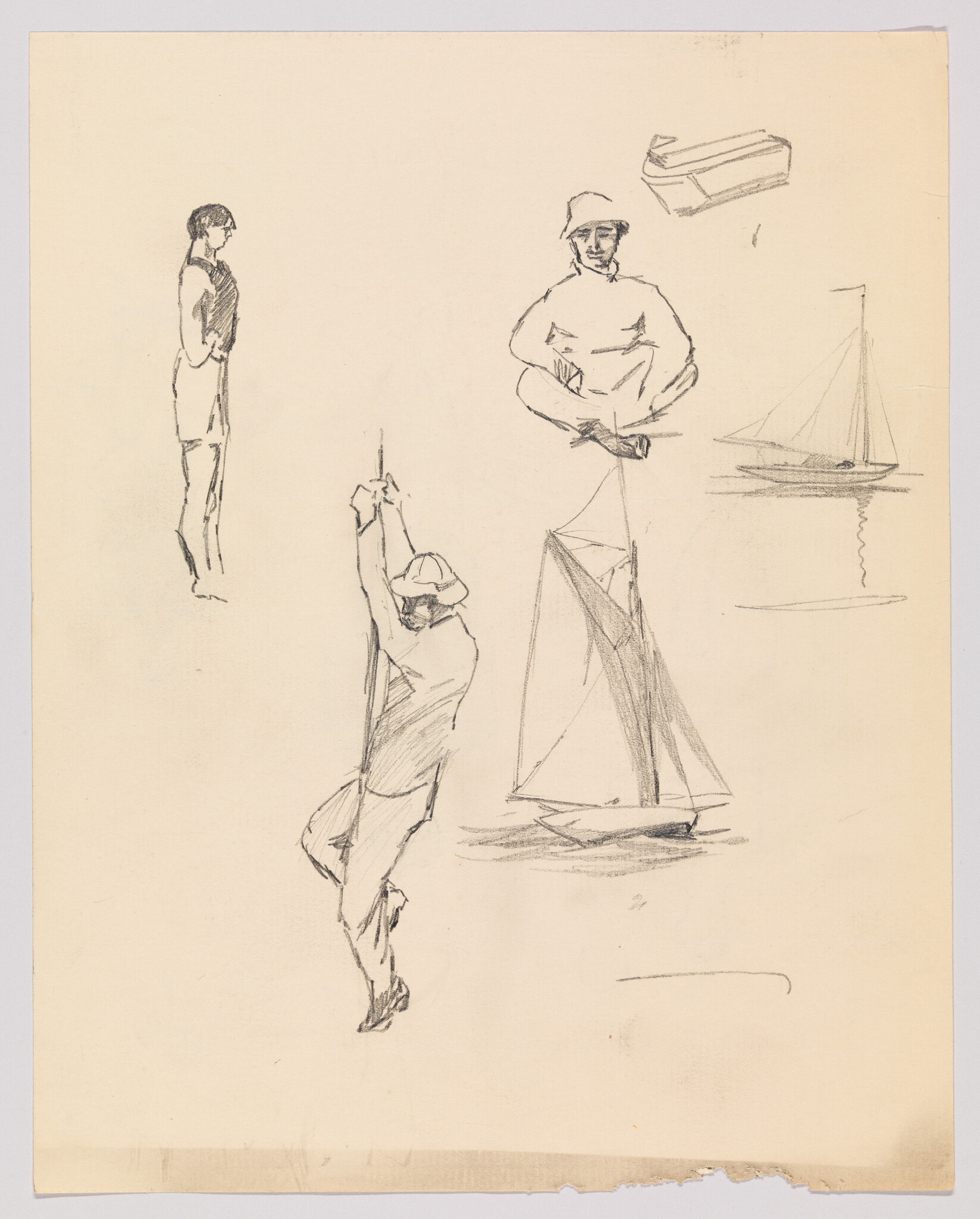 Several pencil sketches show sailors climbing ropes, a seated man, and small sailboats.