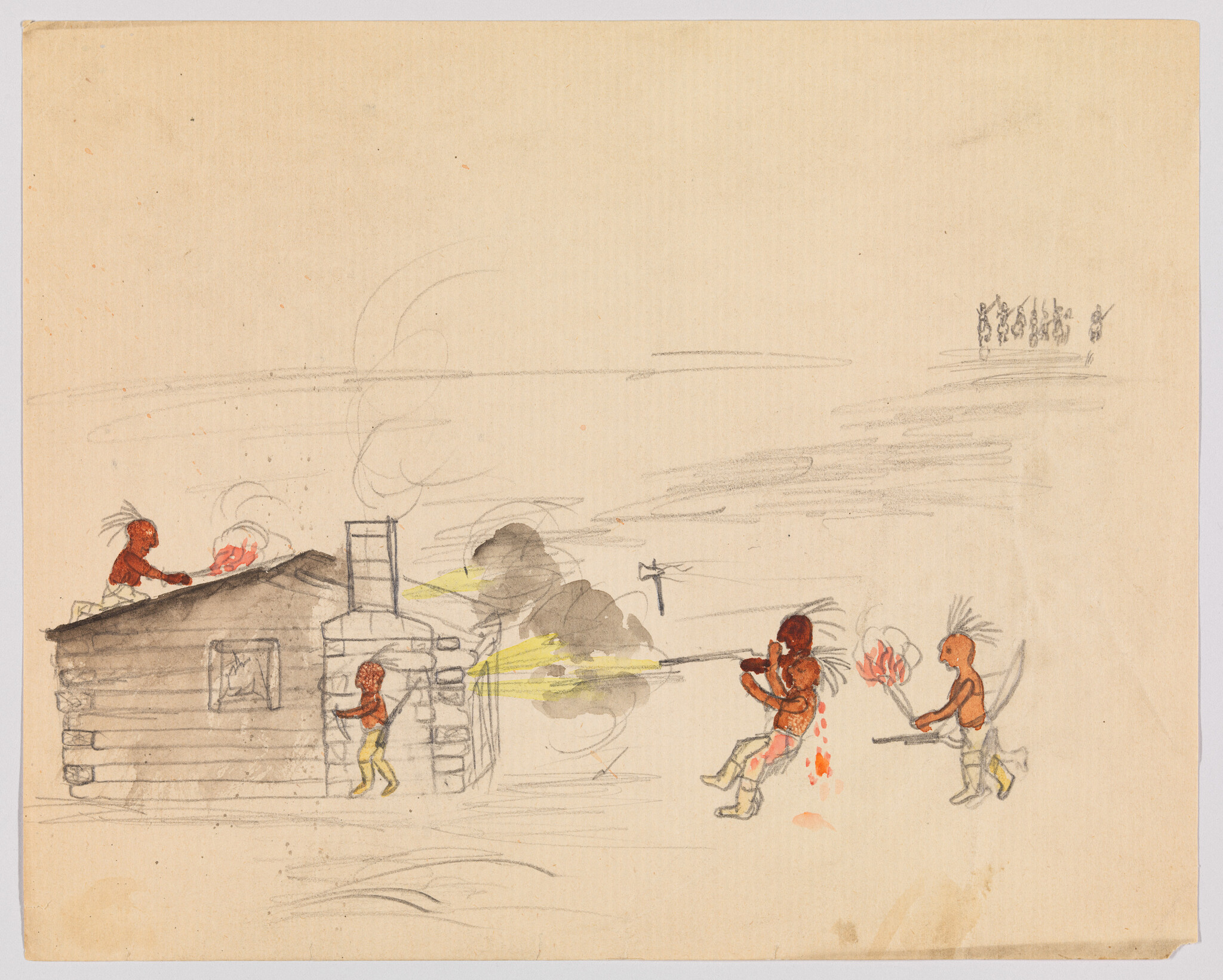 Figures with feathered headdresses attack a log cabin with torches and gunfire, one figure wounded.