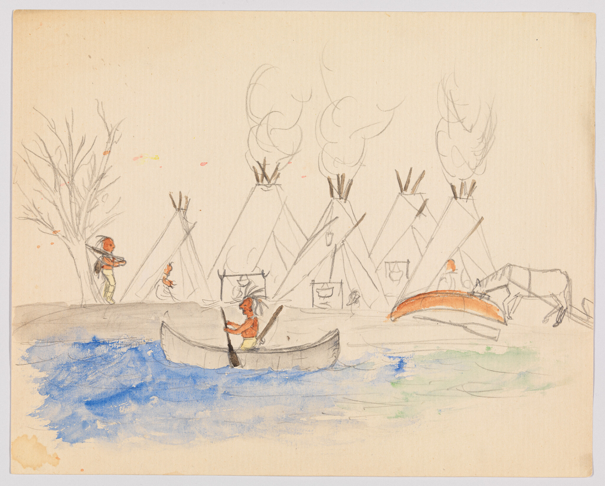 A person paddles a canoe on a river in front of a riverside village of smoke-filled tipis.