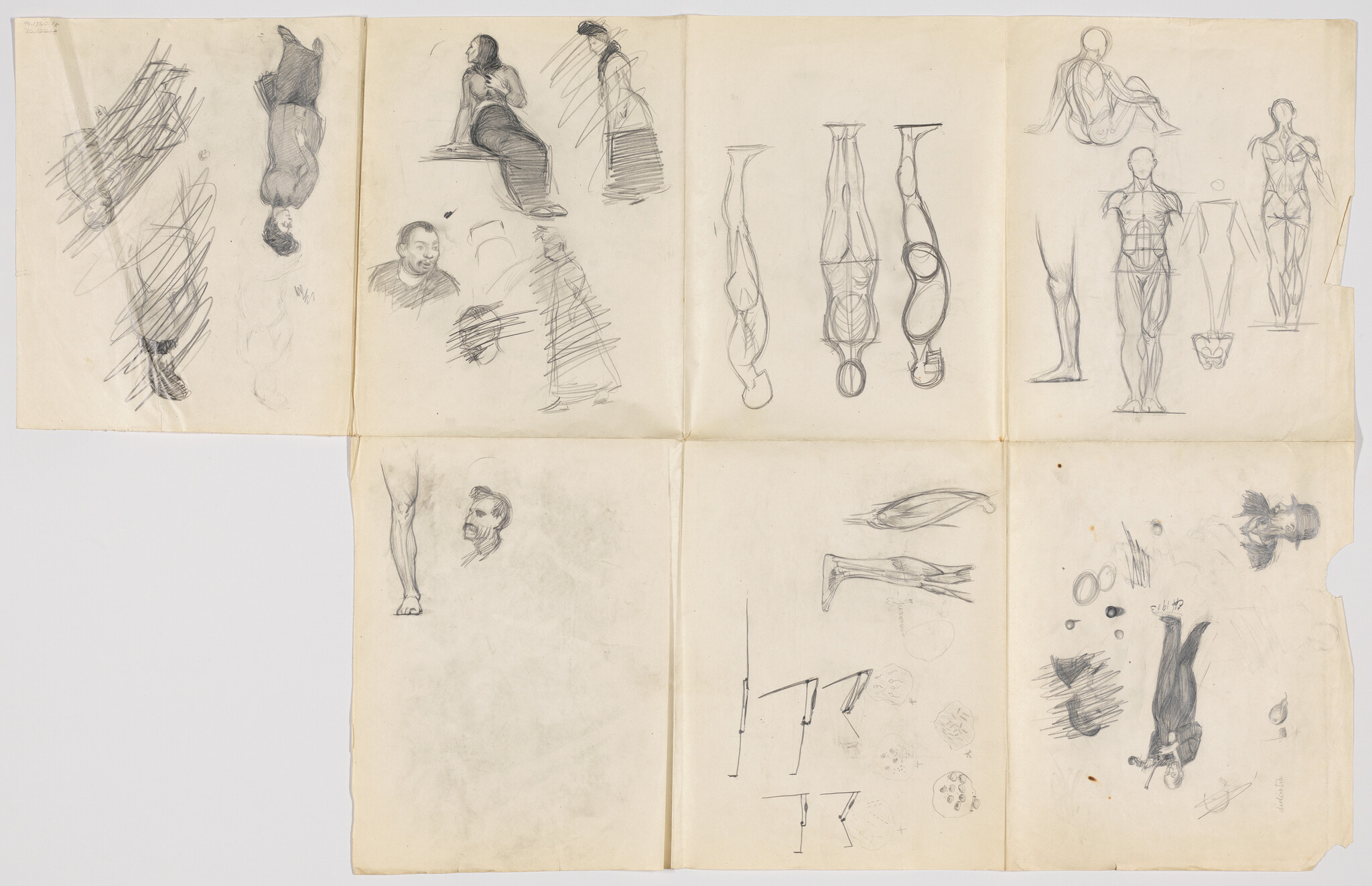 Multiple pencil figure and anatomy sketches showing various human poses, heads, and limb studies.