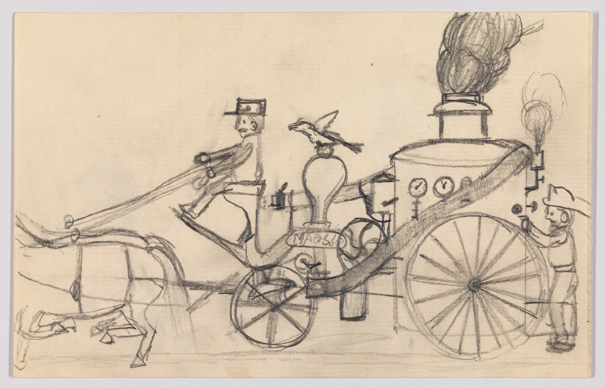 A steam-powered wagon with driver and worker, horses pulling and smoke rising from the boiler.